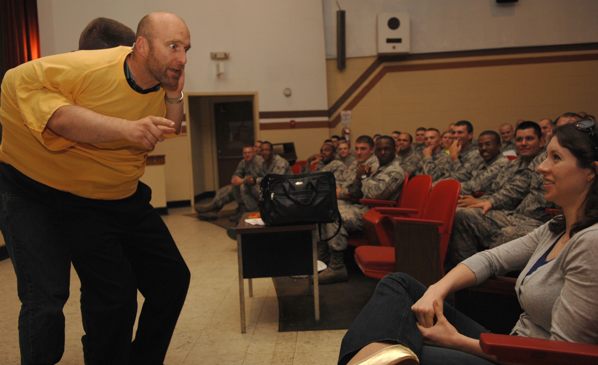 BARKSDALE AIR FORCE BASE, La. – Craig Zablocki used many techniques to engage with the crowd of more than 100 Team Barksdale members. Zablocki was the guest speaker for the Sexual Assault Awareness Month’s bystander intervention training event at Hoban Hall April 17, 2012, where he asked the question, “if that were your wife, your sister or your mother being attacked, would you be ‘interested’ in helping, or would you be ‘committed’ to helping?” (U.S. Air Force photo/Airman 1st Class Joseph A. Pagán Jr.)