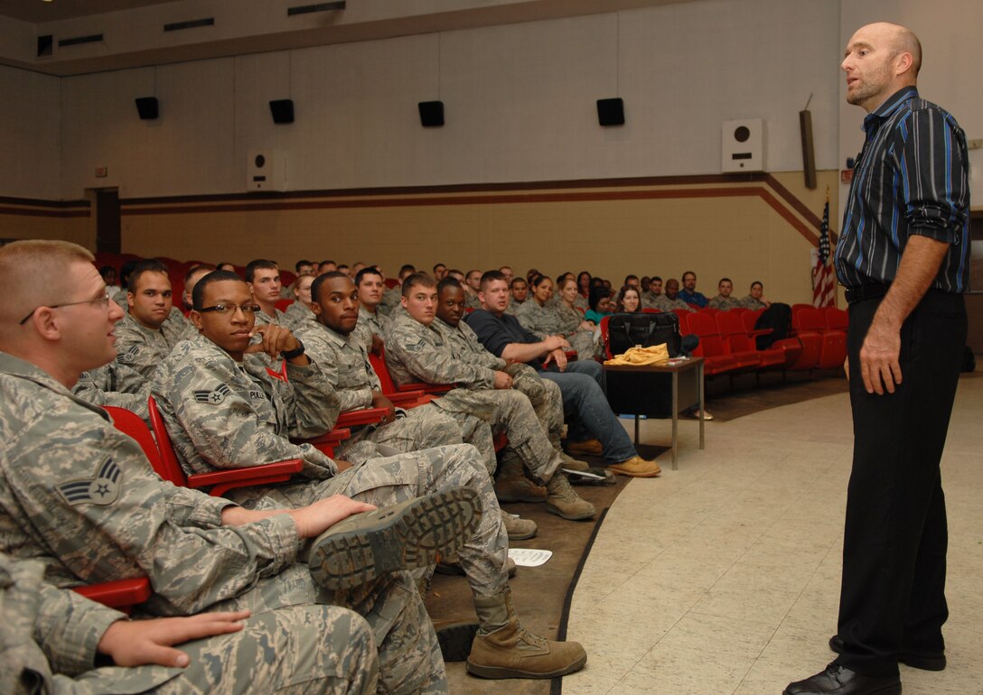 BARKSDALE AIR FORCE BASE, La. - Craig Zablocki answers a question from a Barksdale Airman, during an April 17, 2012, Barksdale Sexual Assault Awareness Month event at Hoban Hall. Zablocki was the guest speaker for the bystander intervention training and took the crowd of more than 100 Airmen on a journey of self-discovery. (U.S. Air Force photo/Airman 1st Class Joseph A. Pagán Jr.)