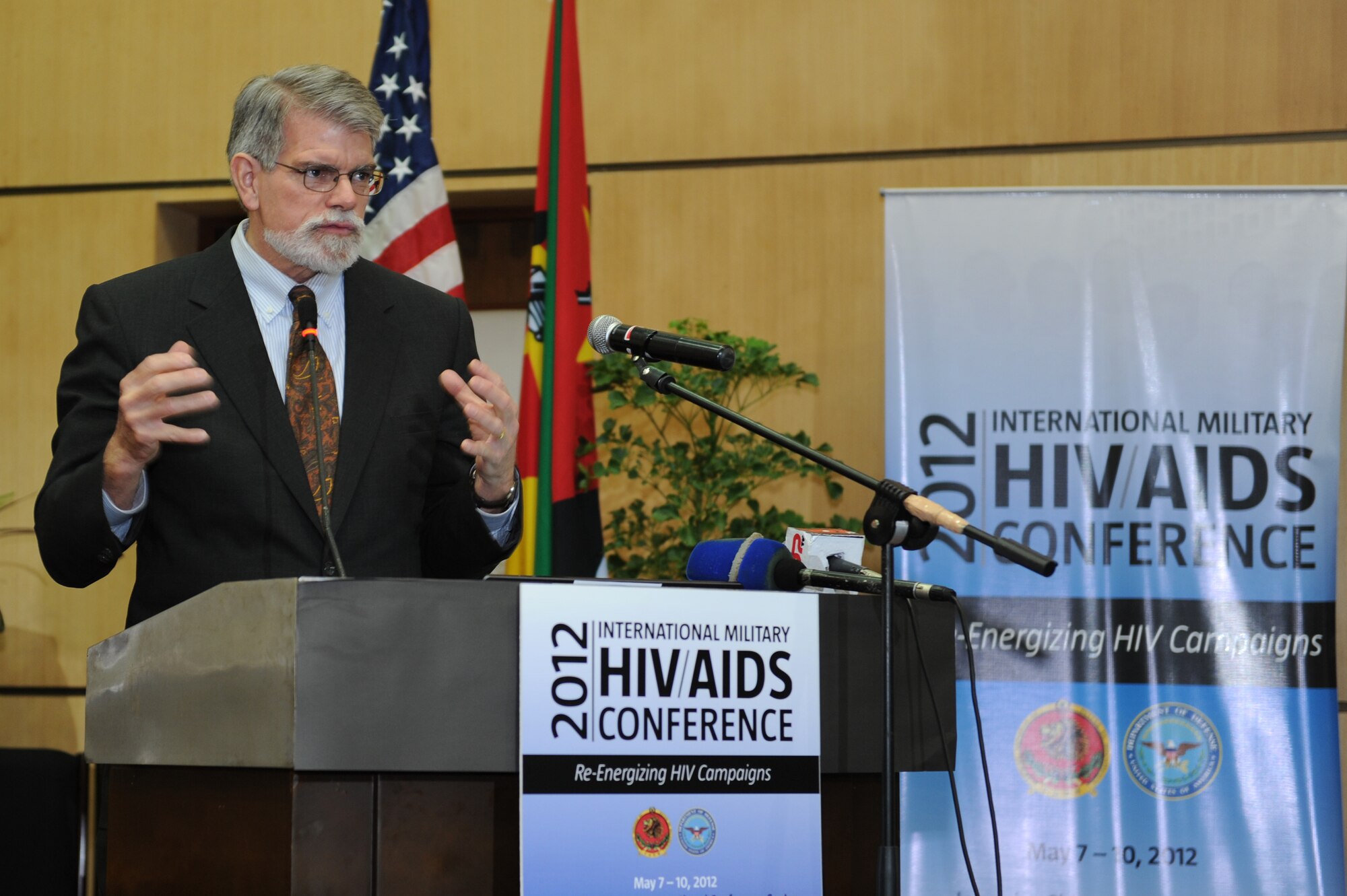 U.S. Ambassador J. Anthony Holmes, deputy to the commander for civil-military activities U.S. Africa Command, delivers closing remarks for the 2012 International Military HIV/AIDS Conference, May 10. Military and civilian delegates and subject matter experts from 77 nations gathered for the 2012 IMilHAC in Maputo, Mozambique, May 7-10, to share best practices in HIV prevention, care and treatment.