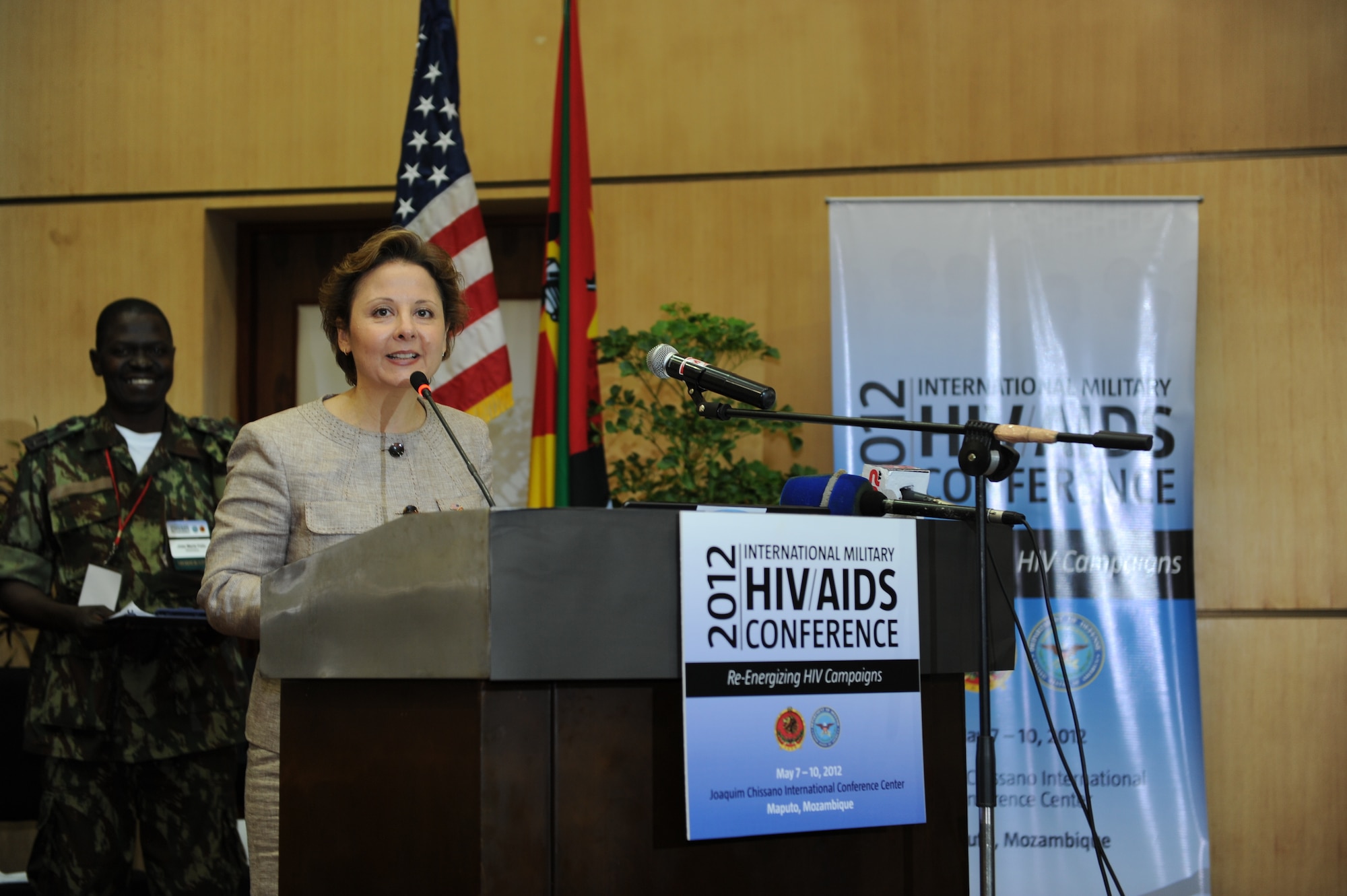 U.S. Deputy Chief of Mission to Mozambique, Ms. Christine Elder delivers closing remarks for the 2012 International Military HIV/AIDS Conference, May 10. Military and civilian delegates and subject matter experts from 77 nations gathered for the 2012 IMilHAC in Maputo, Mozambique, May 7-10, to share best practices in HIV prevention, care and treatment.