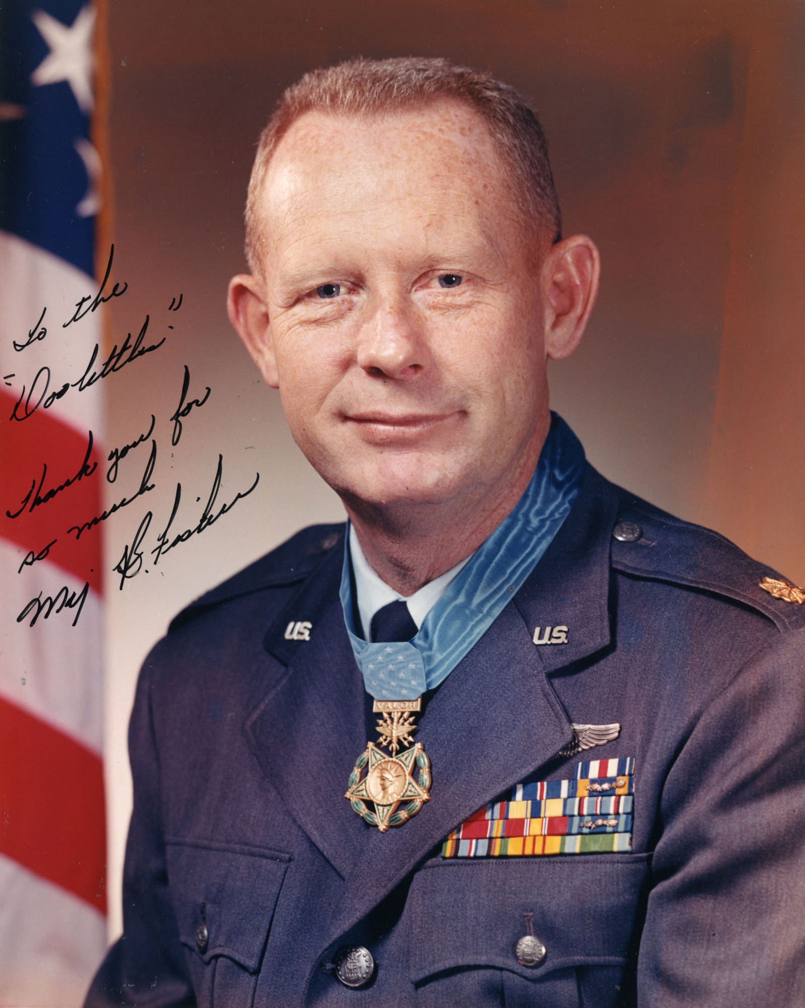 Official photograph autographed by Maj. Fisher to Jimmy Doolittle: "To the Doolittles, thank you for so much. Maj. B. Fisher." (U.S. Air Force photo)