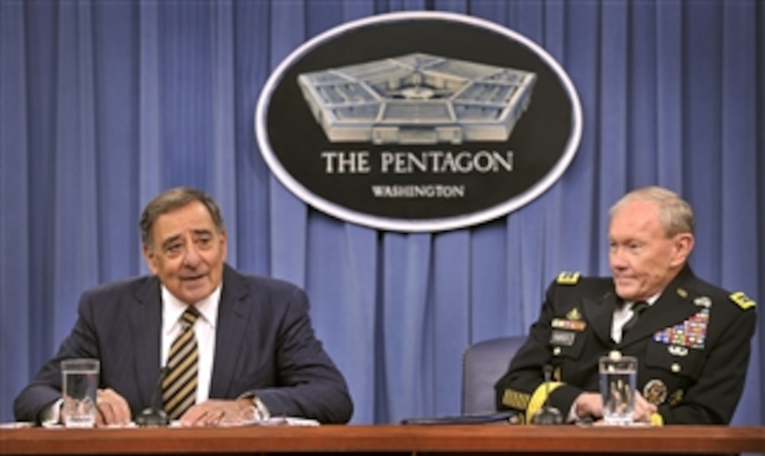 Secretary of Defense Leon E. Panetta and Chairman of the Joint Chiefs of Staff Gen. Martin E. Dempsey hold a press conference in the Pentagon on May 10, 2012.  