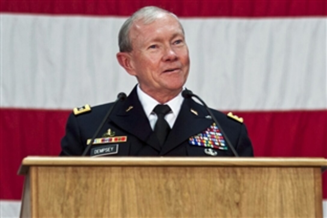 Army Gen. Martin E. Dempsey, chairman of the Joint Chiefs of Staff, delivers the commencement address at Norwich University in Northfield, Vt., May 13, 2012. Norwich is the nation's first private military university and the birthplace of Army ROTC.
