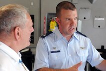 Lt. Col. Patrick Winstead, 535th Airlift Squadron commander, talks with Kenneth E. Stumpf, a retired U.S. Army Sergeant Major and Congressional Medal of Honor recipient, during a C-17 Globemaster III tour May 14 at Joint Base Pearl Harbor-Hickam, Hawaii. On April 25, 1967, Stumpf was serving as a Specialst Four in Company C, 1st Battalion, 35th Infantry Regiment, 25th Infantry Division. On that day, near Duc Pho in the Republic of Vietnam, Stumpf rescued three wounded comrades despite heavy fire and single-handedly disabled an enemy bunker, resulting in a promotion to Staff Sergeant and the awarding of the Medal of Honor for his actions in battle. (U.S. Air Force photo by Staff Sgt. Nathan Allen) 