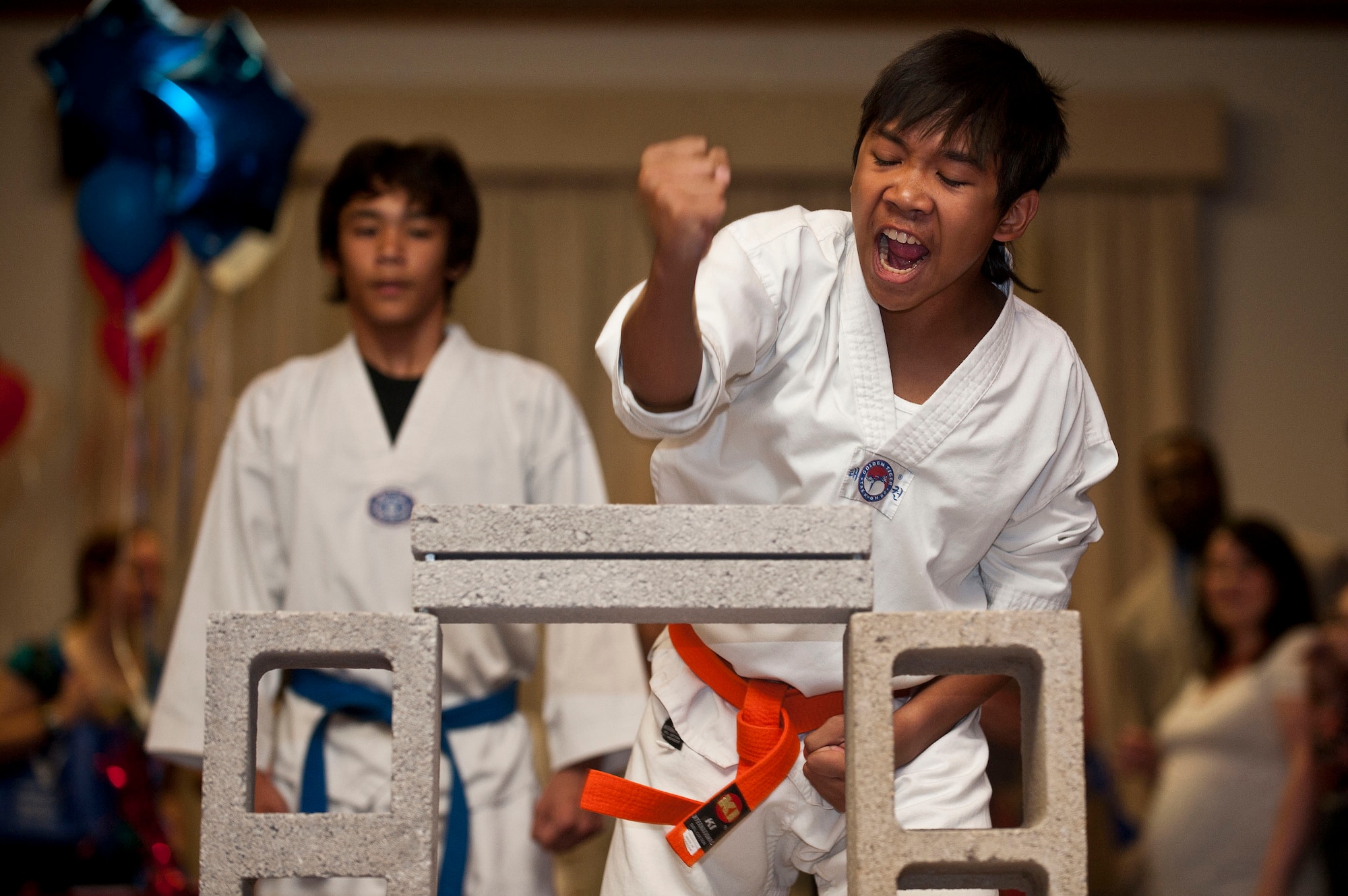 Matthew Gatewood, a Sunrise Family Martial Arts tae kwon do student, demonstrates techniques during a Military Spouse Appreciation Day event May 11, 2012, at Nellis Air Force Base, Nev. Martial arts is an avenue for spouses to increase their level of fitness and confidence. (U.S. Air Force photo by Airman 1st Class Jason Couillard)
