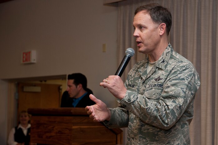 Brig. Gen. select Steven Garland, 99th Air Base Wing commander, speaks about the importance of military spouses May 11, 2012, at Nellis Air Force Base, Nev. The Military Spouse Appreciation Day helped recognize the contributions of military spouses and was an opportunity for spouses to learn about helping resources the base provides. (U.S. Air Force photo by Airman 1st Class Jason Couillard)
