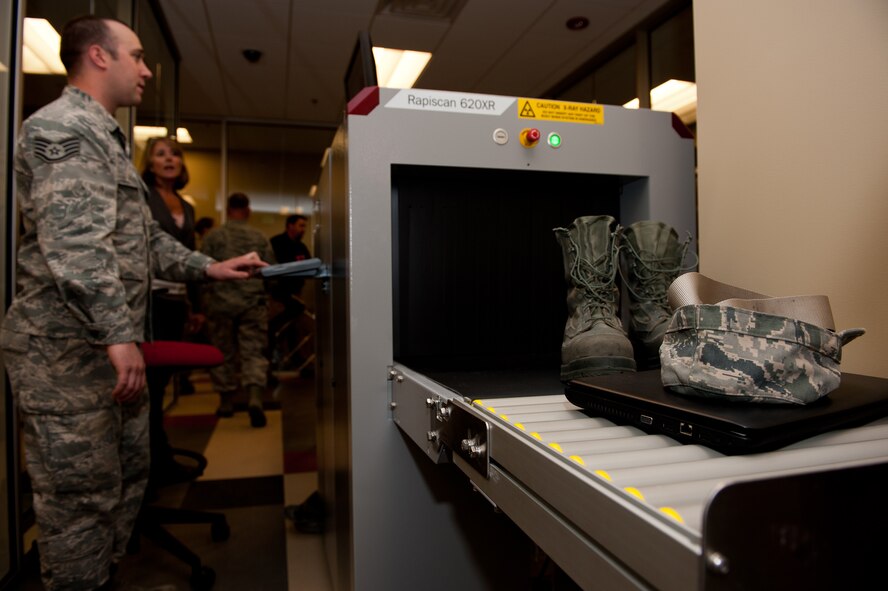 Items wait to be scanned by transportation safety administration in preparation to leave for Green Flag, a combat training exercise at Nellis Air Force Base, Nev., in the deployment center at Ellsworth AFB, S.D., May 10, 2012. Mirroring Air Mobility Command’s processes, Ellsworth has the ability to completely process personnel and cargo from initial reporting to aircraft take-off. (U.S. Air Force photo by Airman 1st Class Kate Thornton/Released)