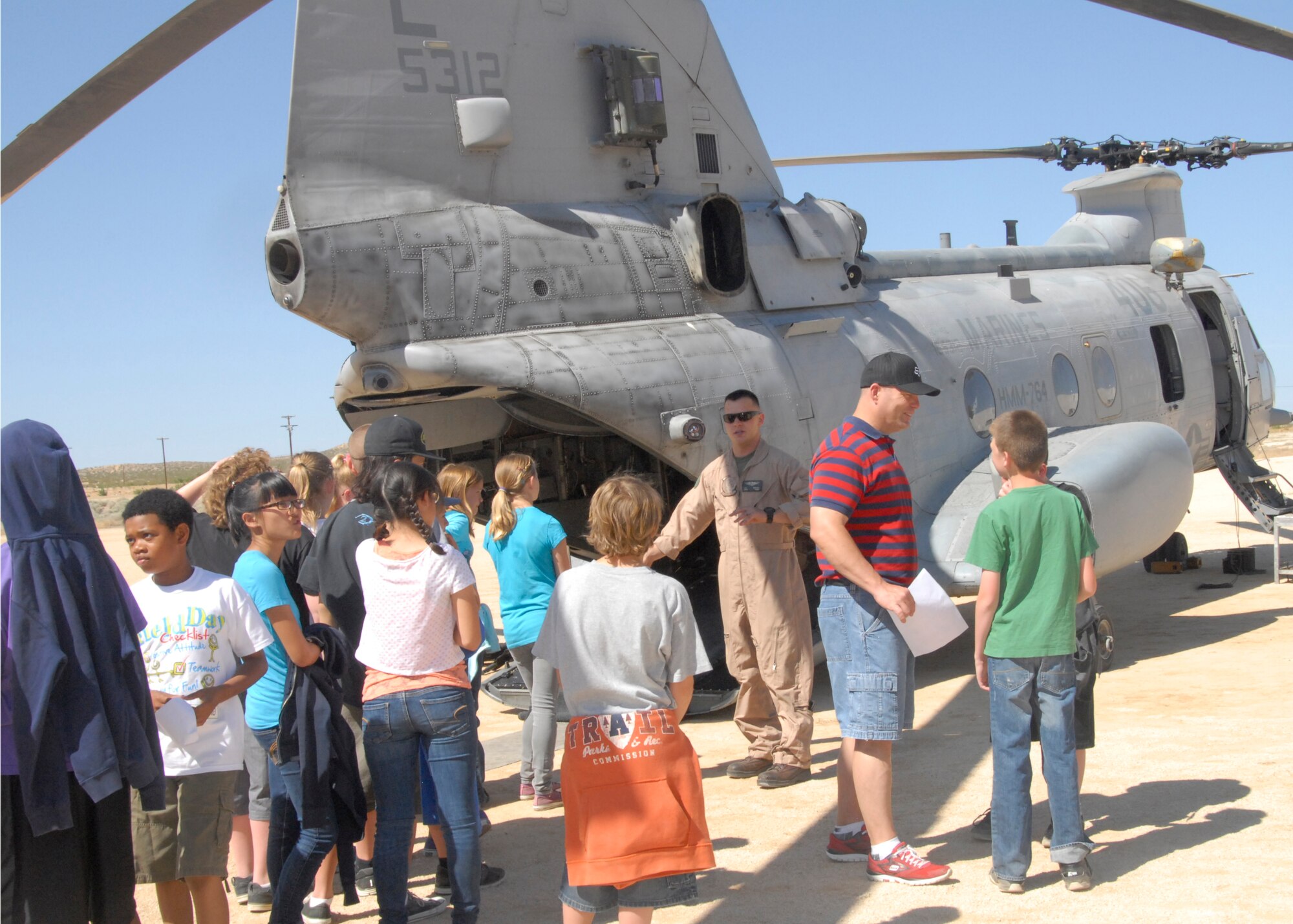 Branch Elementary School held the fourth annual Branch Science Carnival May 8-9, teaching more than 900 students about polymers. Servicemembers from Marine Air Group 41, Detachment A, landed a CH-46 Sea Knight helicopter at the event and spent the day talking with students. (Air Force Photo by Laura Mowry)