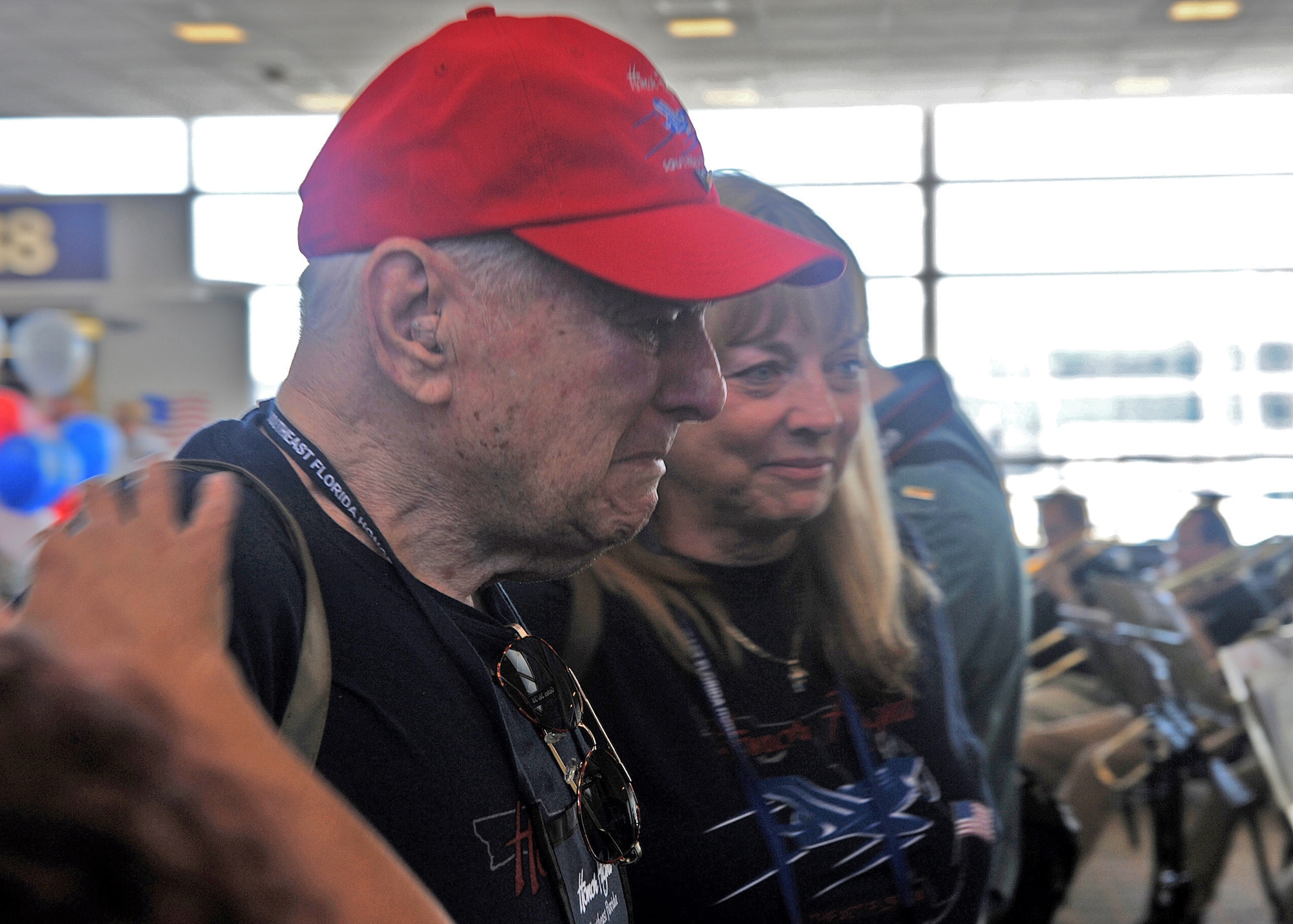 Harvey Bennett, a World War II veteran, is overcome by emotions during the Honor Flight reception at the Ronald Reagan National Airport on May 12. Bennett was of 169 veterans who visited the nation’s capitol. The Honor Flight Network is a nonprofit organization created solely to honor America’s veterans for all their sacrifices. (Air Force photo by Senior Airman Christina Brownlow)