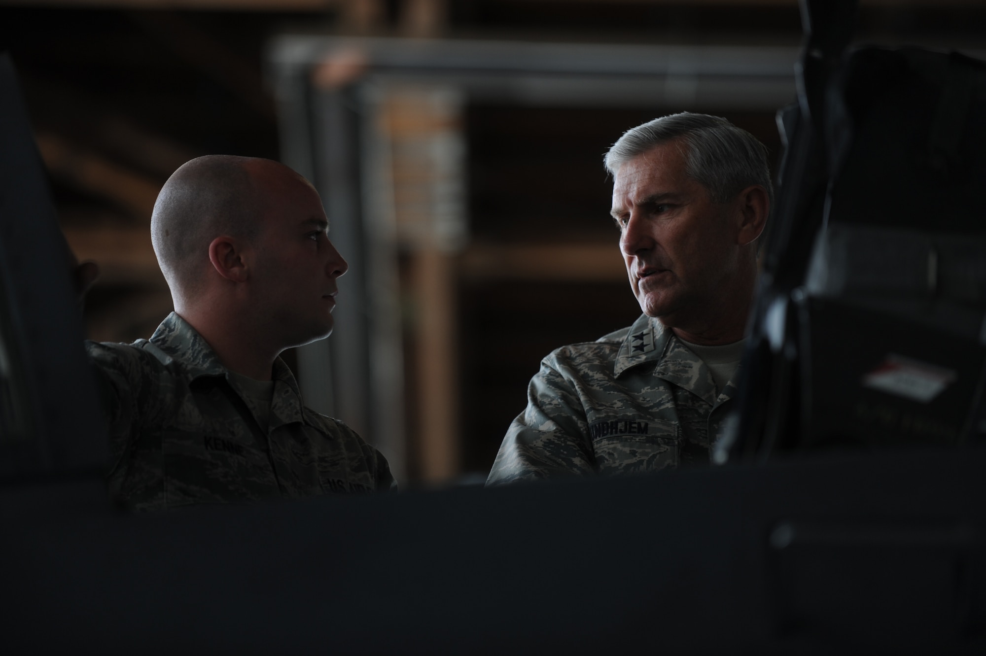 U.S. Air Force Maj. Gen. Lance D. Undhjem, mobilization assistant to the commander, 12th Air Force, Davis-Monthan Air Force Base, Ariz., is briefed by Staff Sgt. Nick Kenne, 366th Aircraft Maintenance Squadron dedicated crew chief, about how the F-15E Strike Eagle is hydro-mechanical during a visit at Mountain Home Air Force Base, Idaho, May 15, 2012.  Undhjem, who is an F-16 fighter pilot, received the opportunity to compare the two aircraft models while speaking to trained aircrew and maintainers. (U.S. Air Force photo/Staff Sgt. Gina Paige)