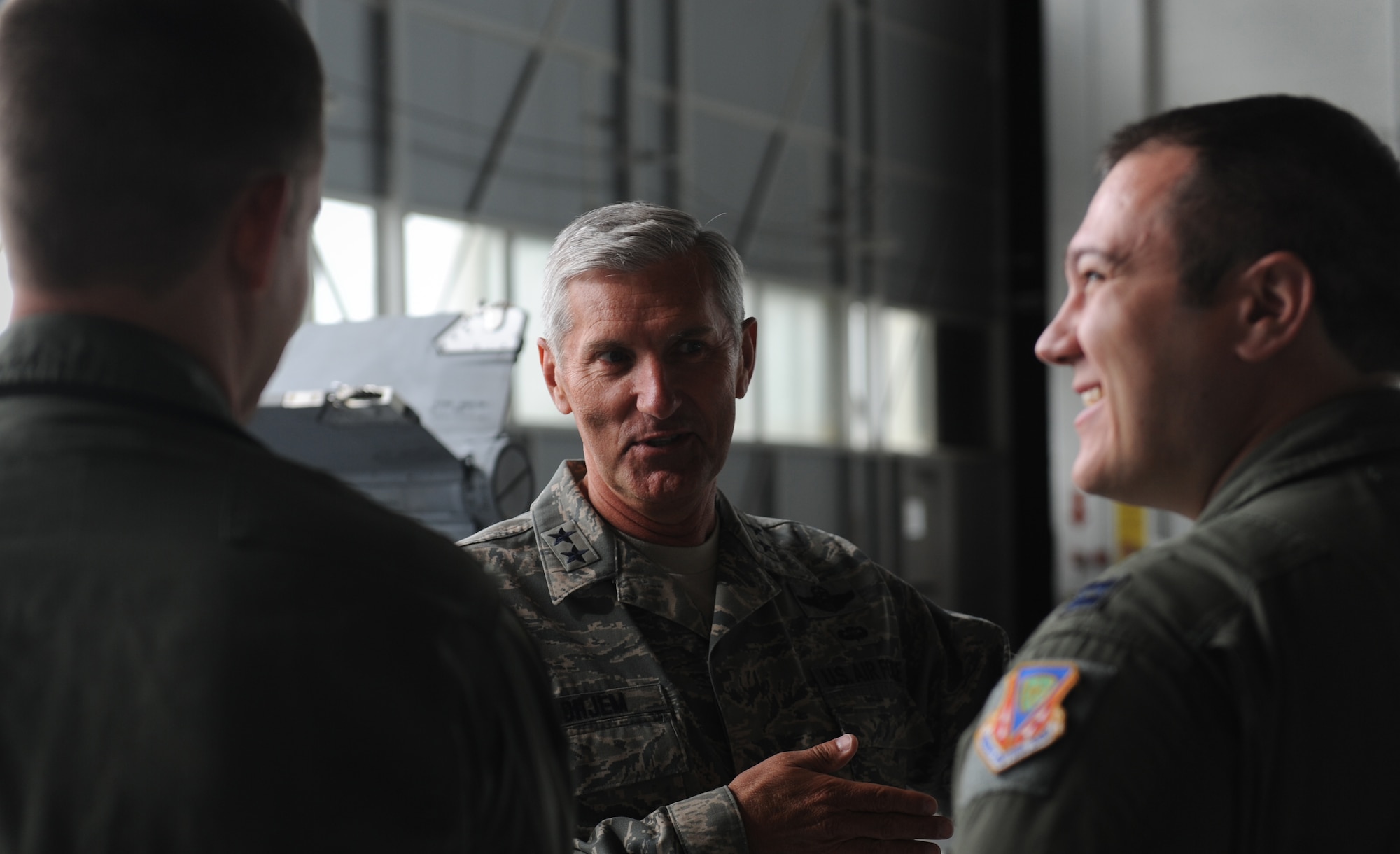 U.S. Air Force Maj. Gen. Lance D. Undhjem, mobilization assistant to the commander, 12th Air Force, Davis-Monthan Air Force Base, Ariz., speaks to aircrew of an F-15E Strike Eagle during a mission familiarization visit at Mountain Home Air Force Base, Idaho, May 15, 2012. Undhjem assists the air component commander of U.S. Southern Command in conducting security cooperation and providing air, space, and cyberspace capabilities throughout Latin America and the Caribbean. (U.S. Air Force photo/Staff Sgt. Gina Paige)  