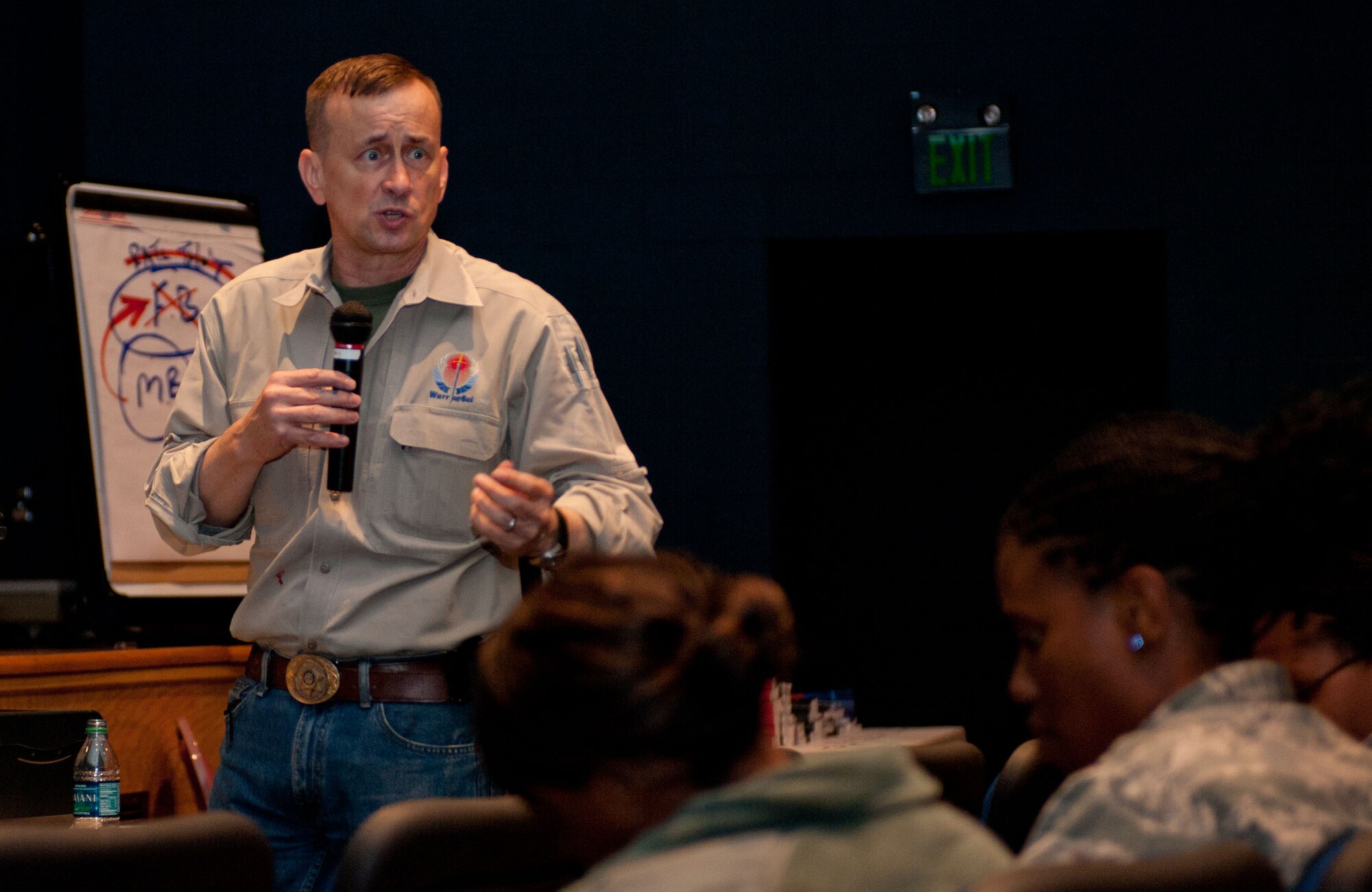 Retired U.S. Army Lt. Col. Dave Grossman, speaks to Airmen about his theory of "killology," May 15, 2012, at Langley Air Force Base, Va. Grossman, previously a professor of military science and psychology, uses his experiences to teach the science behind human aggression.  (U.S. Air Force photo by Senior Airman Stephanie Rubi / Released)