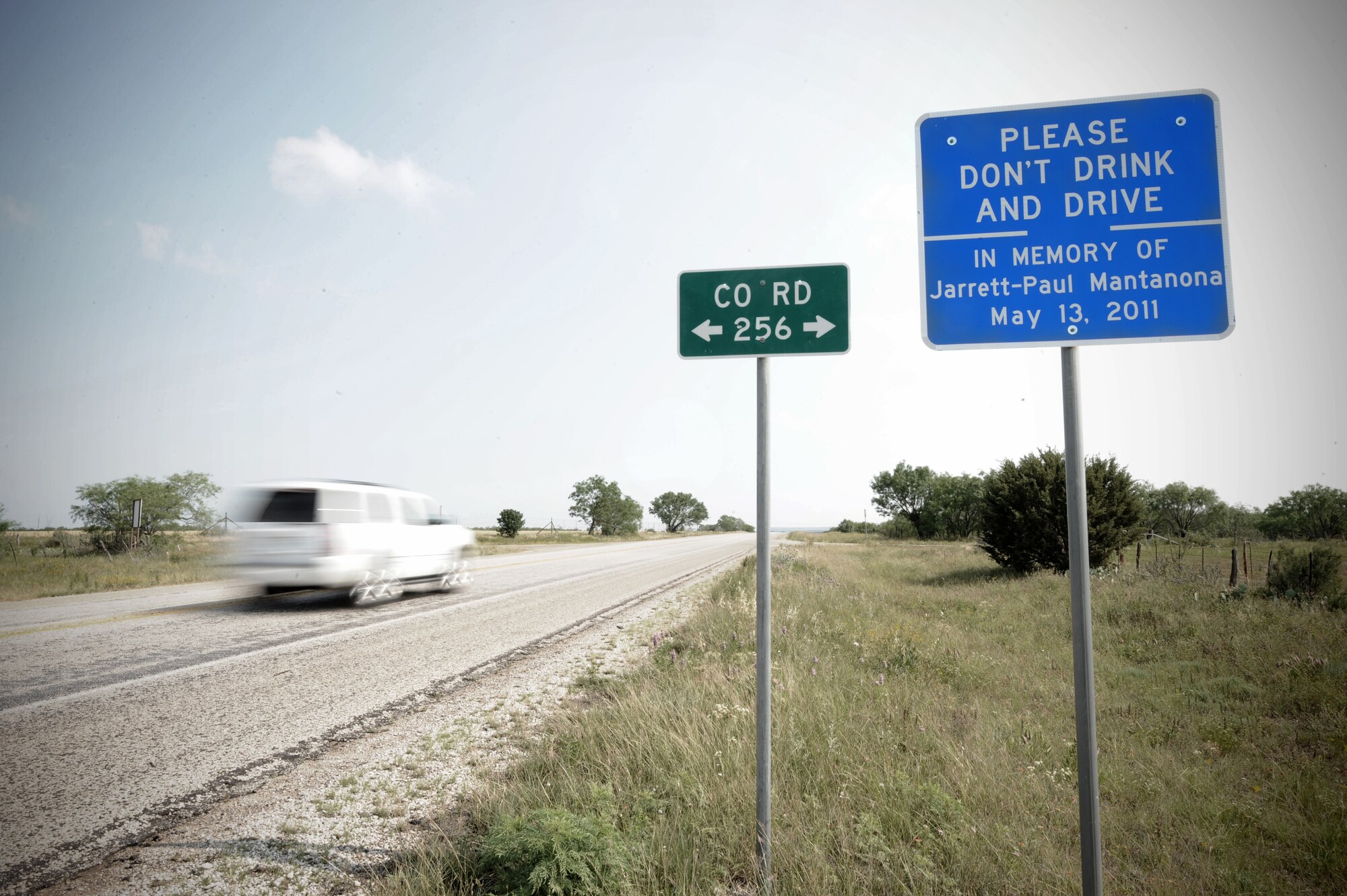 A sign detours drunk driving May 15, 2012, in Coleman County, Texas. On May 13, 2011, James Gilger, 18, was driving intoxicated when he collided into the Mantanona family taking the life of 8-year-old son Jarrett Mantanona. (U.S. Air Force photo by Airman 1st Class Jonathan Stefanko/ Released) 