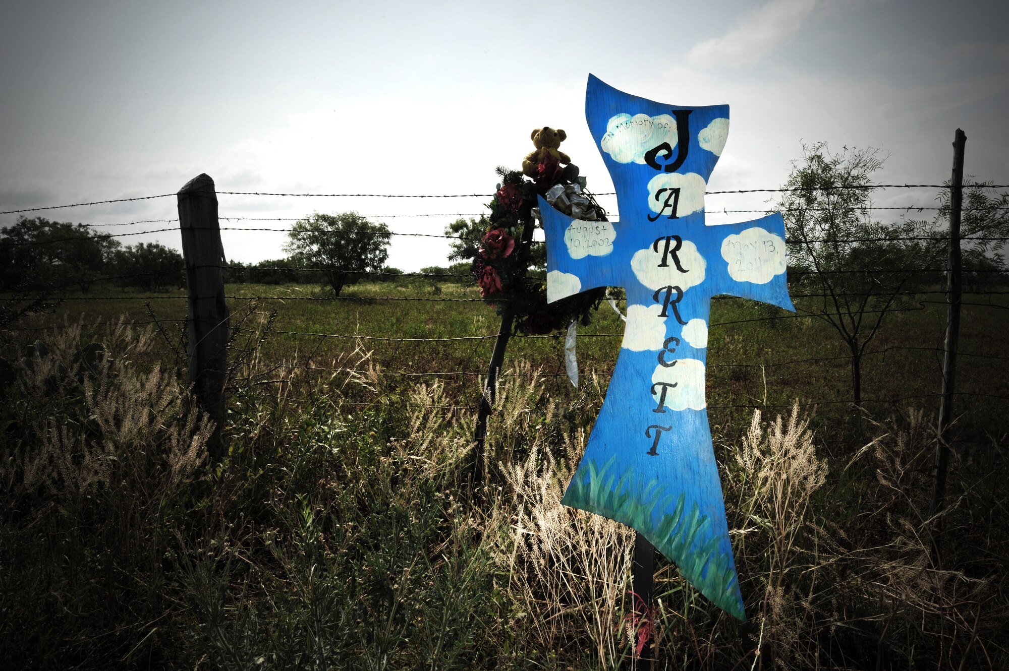 A memorial stands in memory of Jarrett Mantanona May 15, 2012, in Coleman County, Texas. On May 13, 2011, James Gilger, 18, was driving intoxicated when he collided into the Mantanona family taking the life of 8-year-old son Jarrett Mantanona. (U.S. Air Force photo by Airman 1st Class Jonathan Stefanko/ Released)