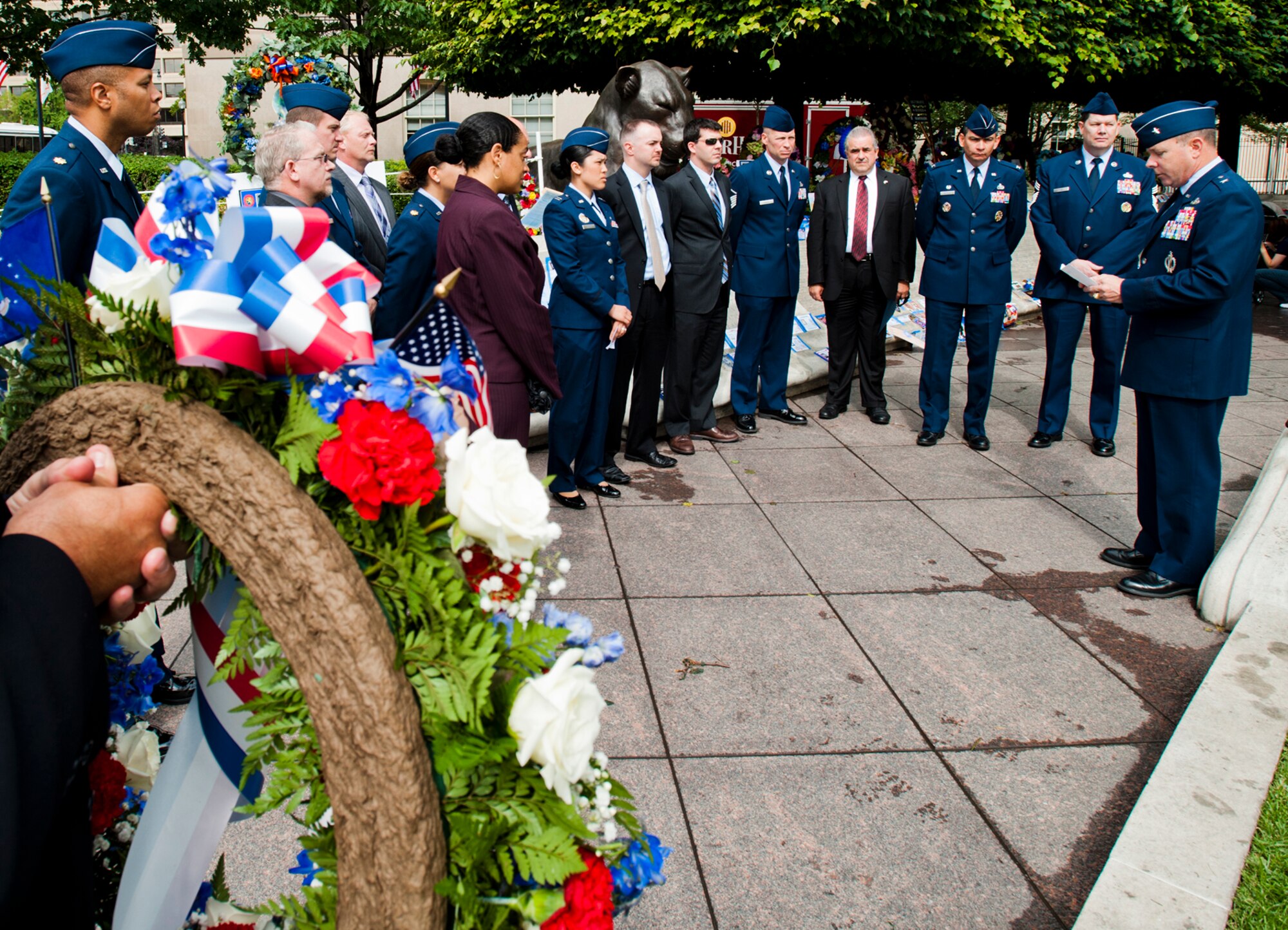 Brig. Gen. Kevin Jacobsen, OSI commander, speaks to OSI headquarters members who gathered May 15 to honor OSI’s fallen at the National Law Enforcement Officers Memorial in Washington, D.C. The NLEO memorial is the nation’s monument to law enforcement officers who have died in the line of duty. Dedicated on Oct. 15, 1991, the memorial honors federal, state and local law enforcement officers who have made the ultimate sacrifice for their country. The names of nine OSI members are inscribed on the walls. (U.S. Air Force photo by Mike Hastings)