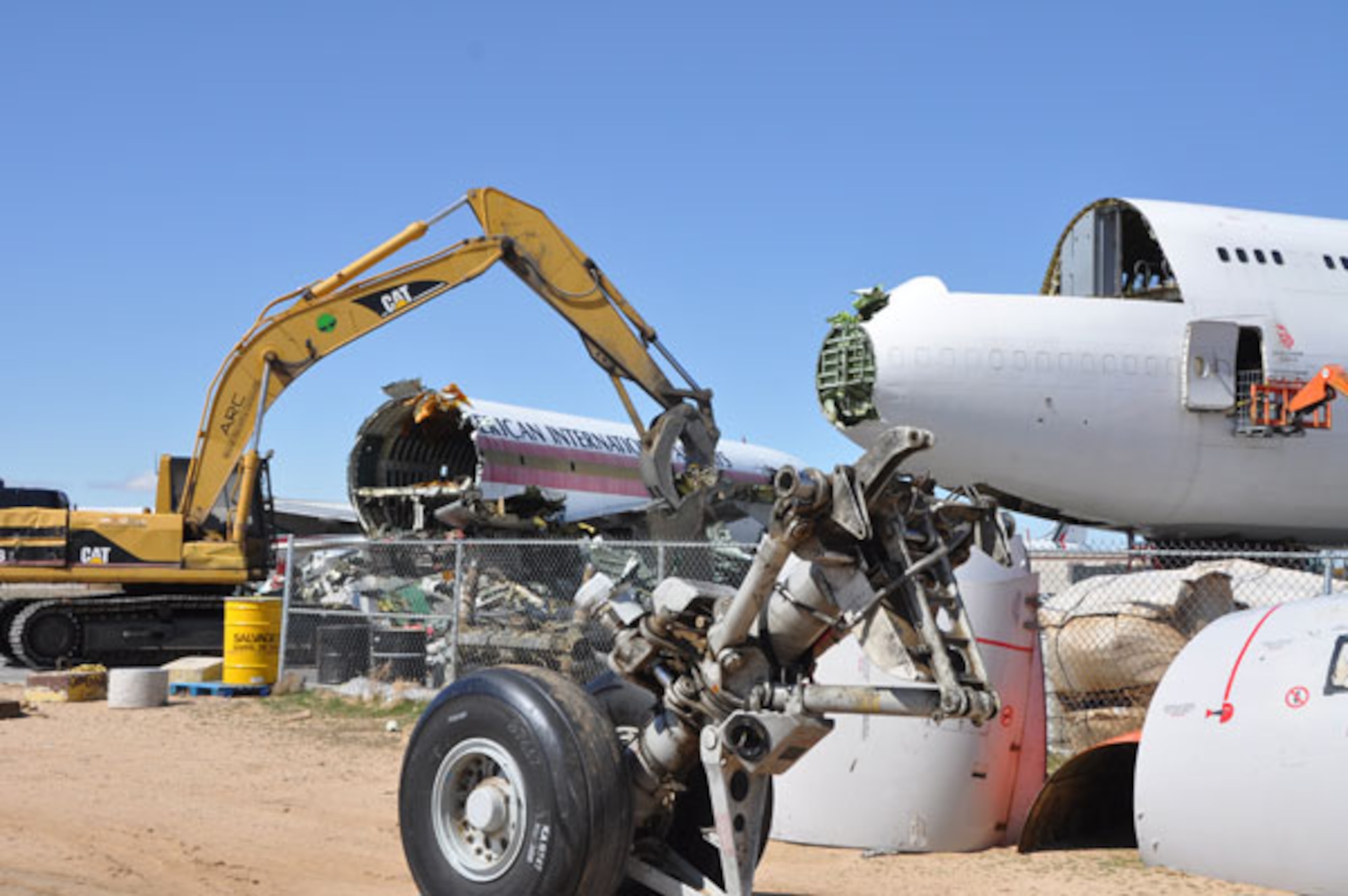 Some aircraft spend their final days at the former George Air Force Base in Victorville, Calif., being broken down into component parts by the Aircraft Recycling Corporation.  (Photo by Scott Johnston)