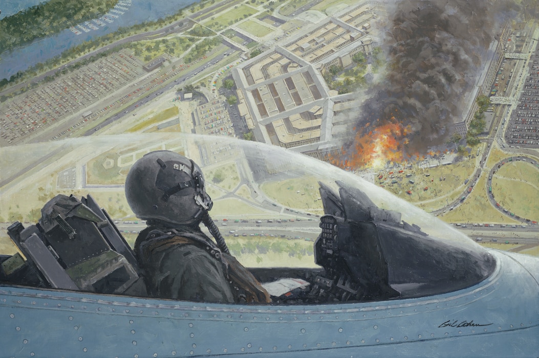 A picture of a painting depicting Air National Guard pilots flying over the burning Pentagon on 9/11.