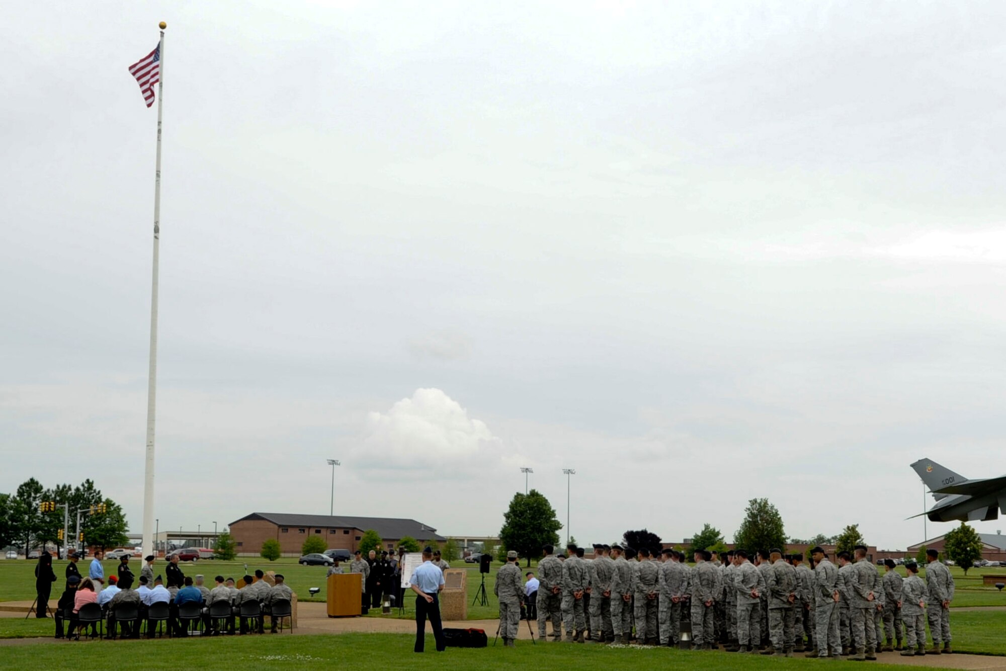 Members from the 633rd Air Base Wing Security Forces Squadron and local police departments participate in a retreat to remember officers who lost their lives in the line of duty, May 14, 2012, at Langley Air Force Base, Va., A total of 145 civilian and military police officers lost their lives in the last 12 months throughout the United States. (U.S. Air Force photo by Senior Airman Wesley Farnsworth/Released)