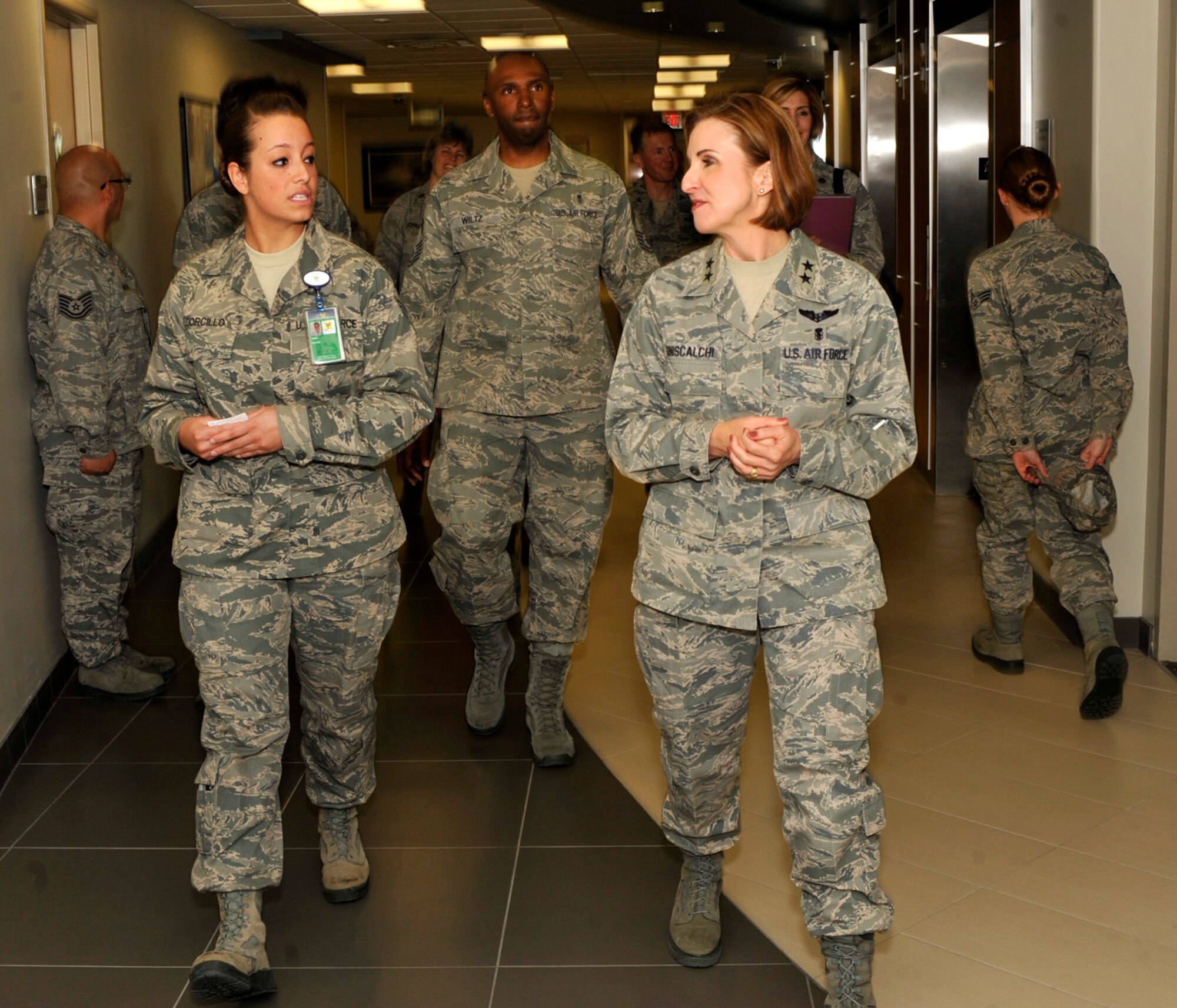 Senior Airman Juliet Corcillo, aerospace medical technician with the 436th Aerospace Medical Squadron, speaks with Maj. Gen. Kimberly Siniscalchi, Assistant Air Force Surgeon General, during a tour of the 436th Medical Group clinic May 11, 2012, at Dover Air Force Base, Del. Siniscalchi toured the 436th MDG in celebration of National Nurse/Technician Week. (U.S. Air Force photo by Tech. Sgt. Chuck Walker)