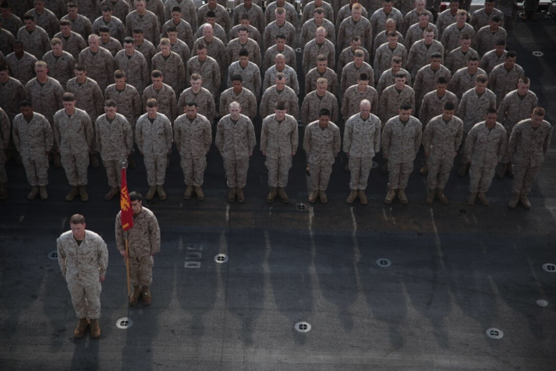 Marines and sailors serving with the 11th Marine Expeditionary Unit aboard USS Makin Island attend a ceremony commemorating the ship’s equator crossing May 15. The Marines serve with the 11th Marine Expeditionary Unit, which embarked the ship, as well as USS New Orleans and USS Pearl Harbor in San Diego Nov. 14, beginning a seven-month deployment to the Western Pacific, Horn of Africa and Middle East regions.