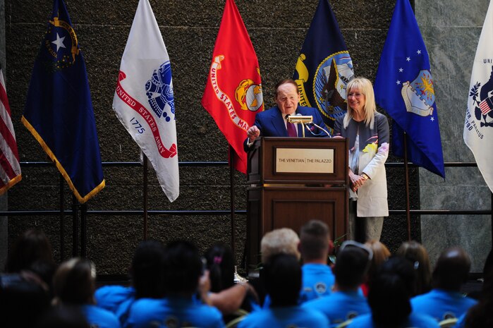 Sheldon Adelson, owner of the Palazzo Hotel, and his wife Miriam Ochshorn thank wounded veterans for their service during a "Salute our Troops" welcome at the Palazzo Hotel, Las Vegas, Nev. Wounded Warriors from Brooke Army Medical Center in San Antonio arrived in Las Vegas for the "Salute our Troops" welcome ceremony at the Palazzo Hotel. The resort treated these troops and their spouses to a weekend stay with VIP treatment. (U.S. Air Force photo by Staff Sgt. William P.Coleman)  