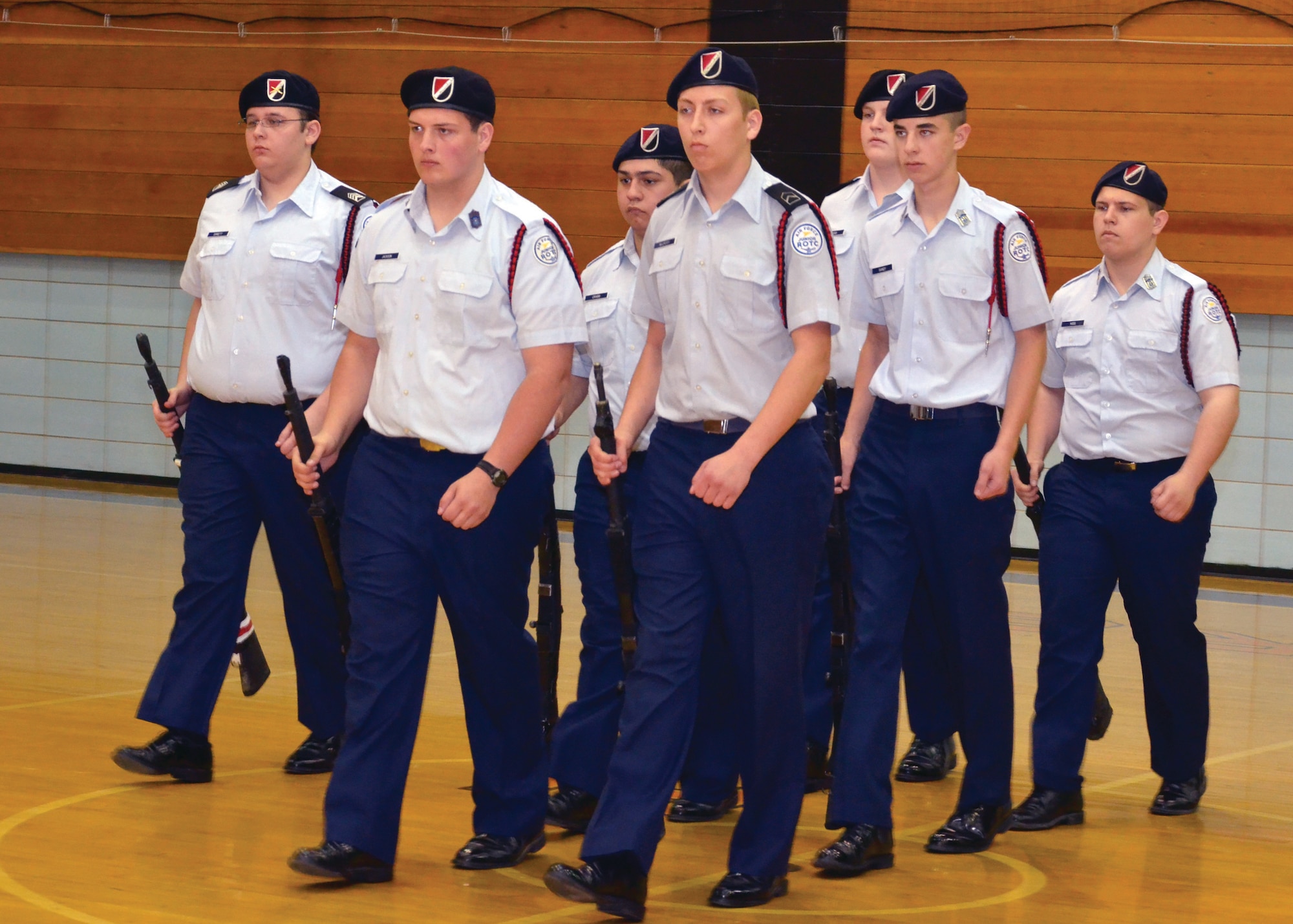 WRIGHT-PATTERSON AIR FORCE BASE, Ohio - Members of the Tecumseh High School Air Force Junior ROTC compete in the Delaware County Drill Meet at the Rutherford B. Hayes High School April 14, 2012. Members of the 445th Airlift Wing were on hand to serve as judges for the competition. (U.S. Air Force photo/Senior Airman Matthew Cook)