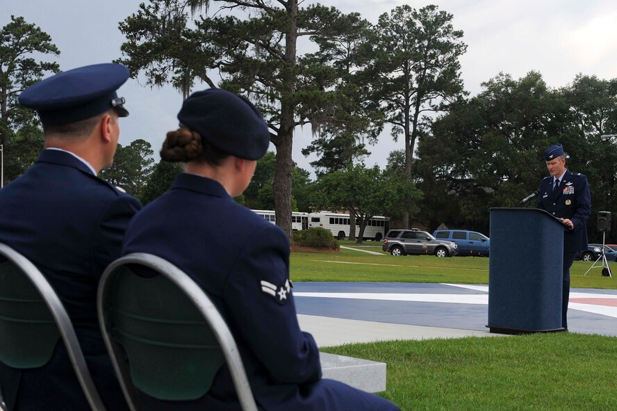 U.S. Air Force Col. Billy Thompson, 23d Wing commander, makes opening remarks at a Police Week retreat ceremony at the President George W. Bush Air Park, Moody Air Force Base, Ga., May 15, 2012. In 1962, former President John F. Kennedy signed a proclamation designating May 15 as Peace Officers Memorial Day and this marks the 50th anniversary. (U.S. Air Force photo by Staff Sgt. Ciara Wymbs/Released) 