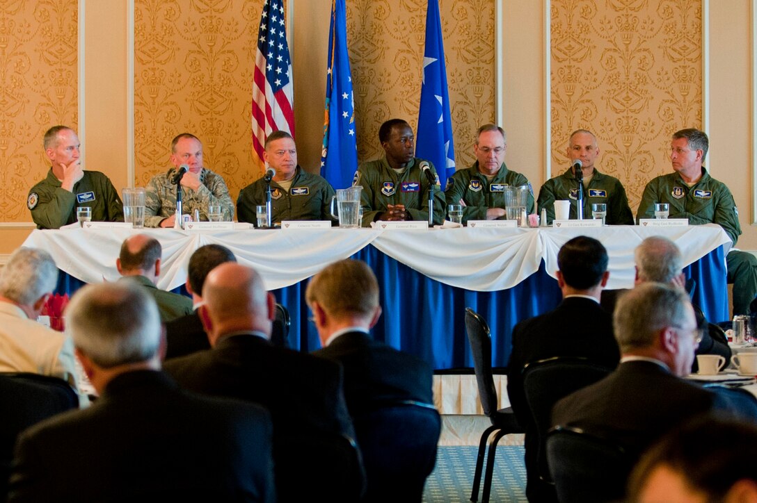 Commanders from U.S. Air Force major commands partake in the Commanders' Panel during the Combat Air Forces Airpower Symposium at Langley Air Force Base, Va., May 16, 2012.  The 7th annual CAF Airpower Symposium featured senior leadership and eminently qualified leaders who discussed topics vital to national defense interests.  (U.S. Air Force photo by Airman 1st Class Kayla Newman/Released) 