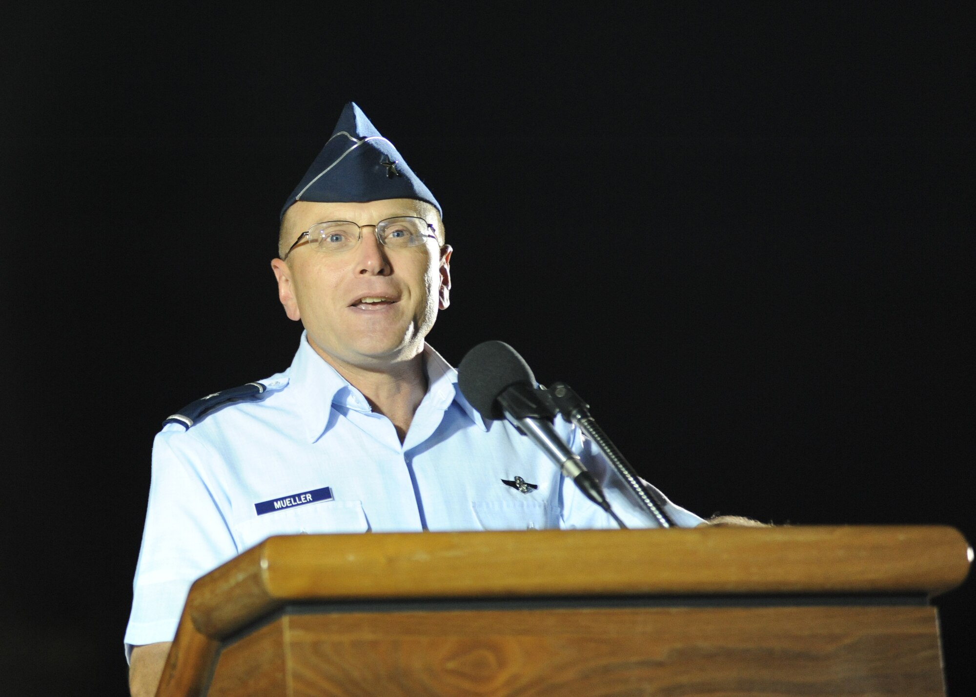 Brig. Gen. Andrew Mueller, 81st Training Wing commander, provides encouraging words to the athletes, Airmen sponsors and volunteers during the opening ceremonies of the Special Olympics Mississippi Summer Games, May 11, 2012, at Keesler Air Force Base, Miss. It’s the 26th year that Keesler has hosted the statewide event.  Athletic competitions took place throughout the day and were followed by a victory dance May 12. More than 1,200 athletes and coaches and 3,000 volunteers joined forces to make the event a success.  (U.S. Air Force photo by Kemberly Groue)