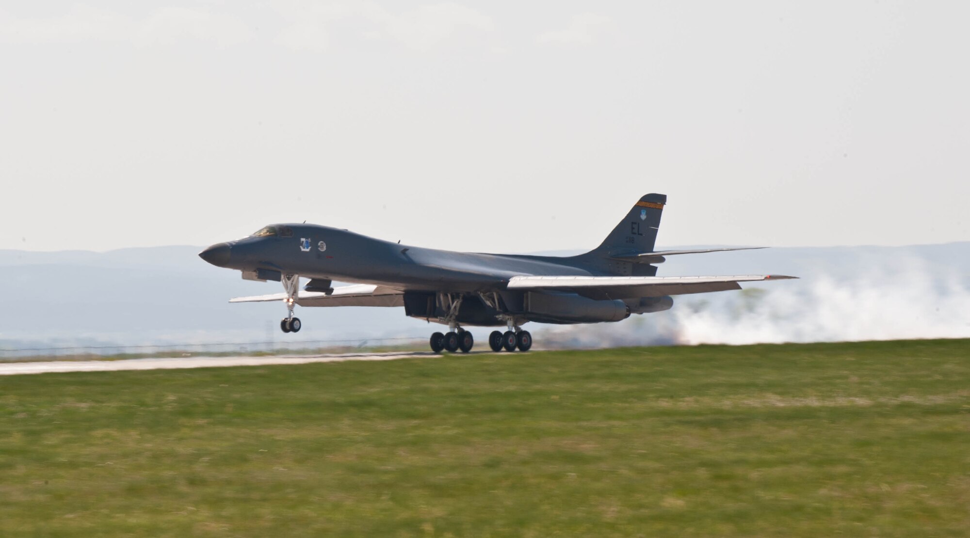 A base B-1 bomber touches down at Ellsworth Air Force Base, S.D., May 15, 2012 after completing a successful mission as part of a Combat Hammer exercise over the Utah Test and Training Range. For the first time in history base B-1s employed GBU-54 Laser Joint Direct Attack Munitions against moving targets during the Air Force’s air to ground Weapon System Evaluation Program known as Combat Hammer. (U.S. Air Force photo by Airman 1st Class Zachary Hada/Released)
