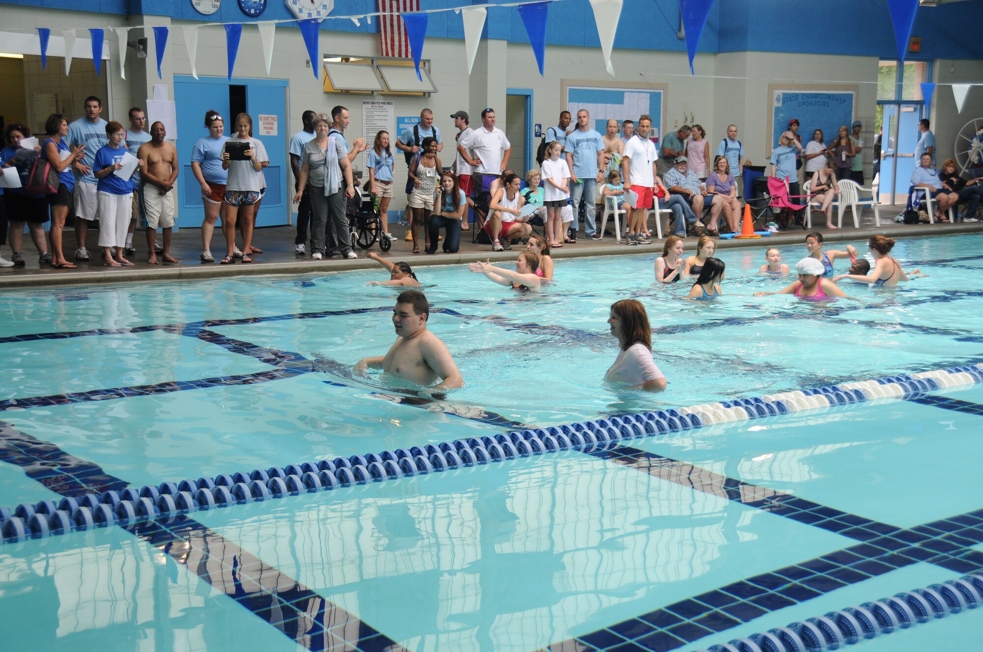 The Special Olympics Mississippi Summer Games‘ aquatic competition was held at the Biloxi Natatorium, Biloxi, Miss., May 12, 2012. It’s the 26th year that the statewide event has been hosted by Keesler Air Force Base, Miss. Opening ceremonies took place May 11. Athletic competitions took place throughout the day and were followed by a victory dance May 12. More than 1,200 athletes and coaches and 3,000 volunteers joined forces to make the weekend a success.  (U.S. Air Force photo by Kemberly Groue)