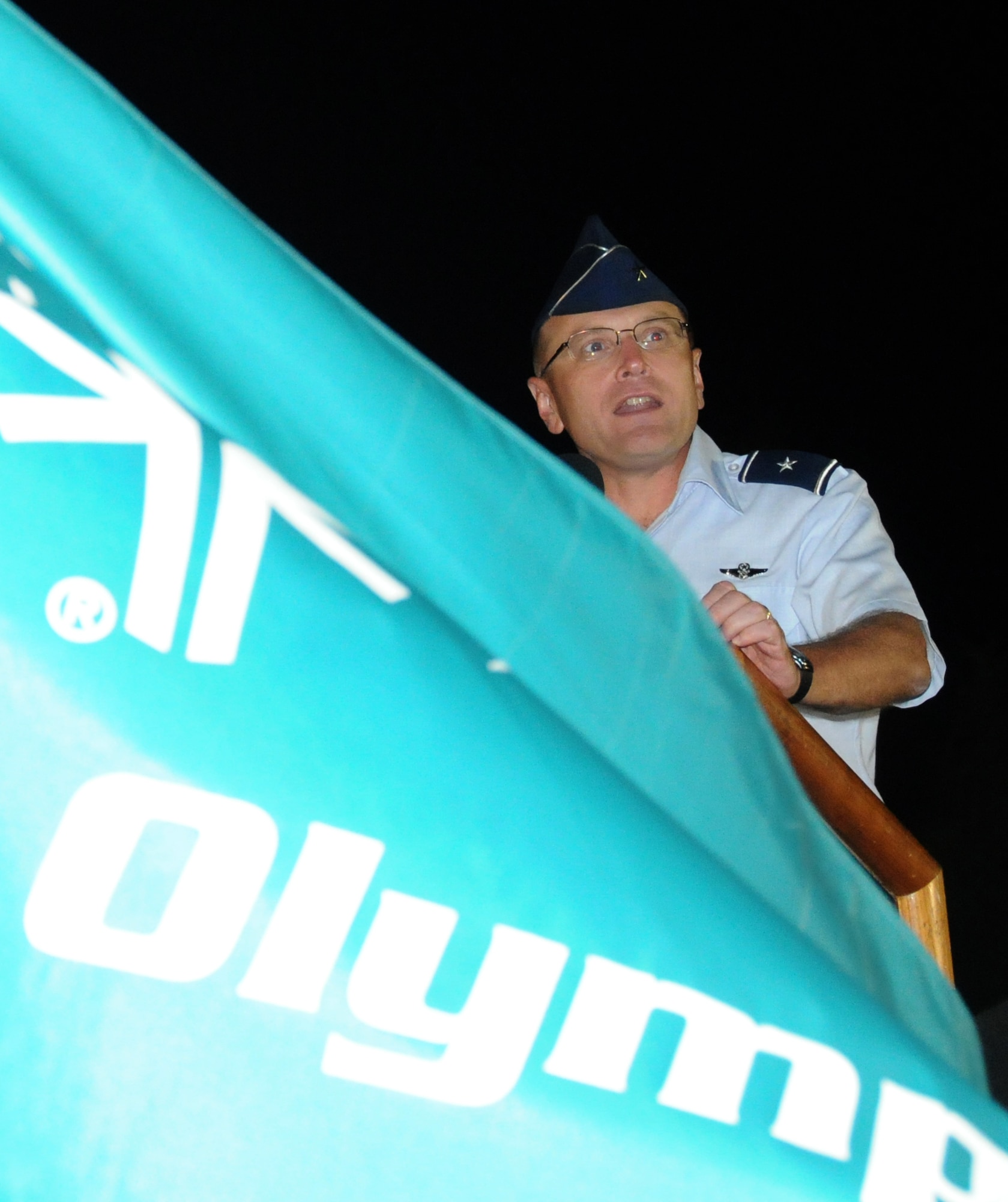 Brig. Gen. Andrew Mueller, 81st Training Wing commander, provides encouraging words to the athletes, Airmen sponsors and volunteers during the opening ceremonies of the Special Olympics Mississippi Summer Games, May 11, 2012, at Keesler Air Force Base, Miss. It’s the 26th year that Keesler has hosted the statewide event. Athletic competitions took place throughout the day and were followed by a victory dance May 12. More than 1,200 athletes and coaches and 3,000 volunteers joined forces to make the event a success. (U.S. Air Force photo by Kemberly Groue)
