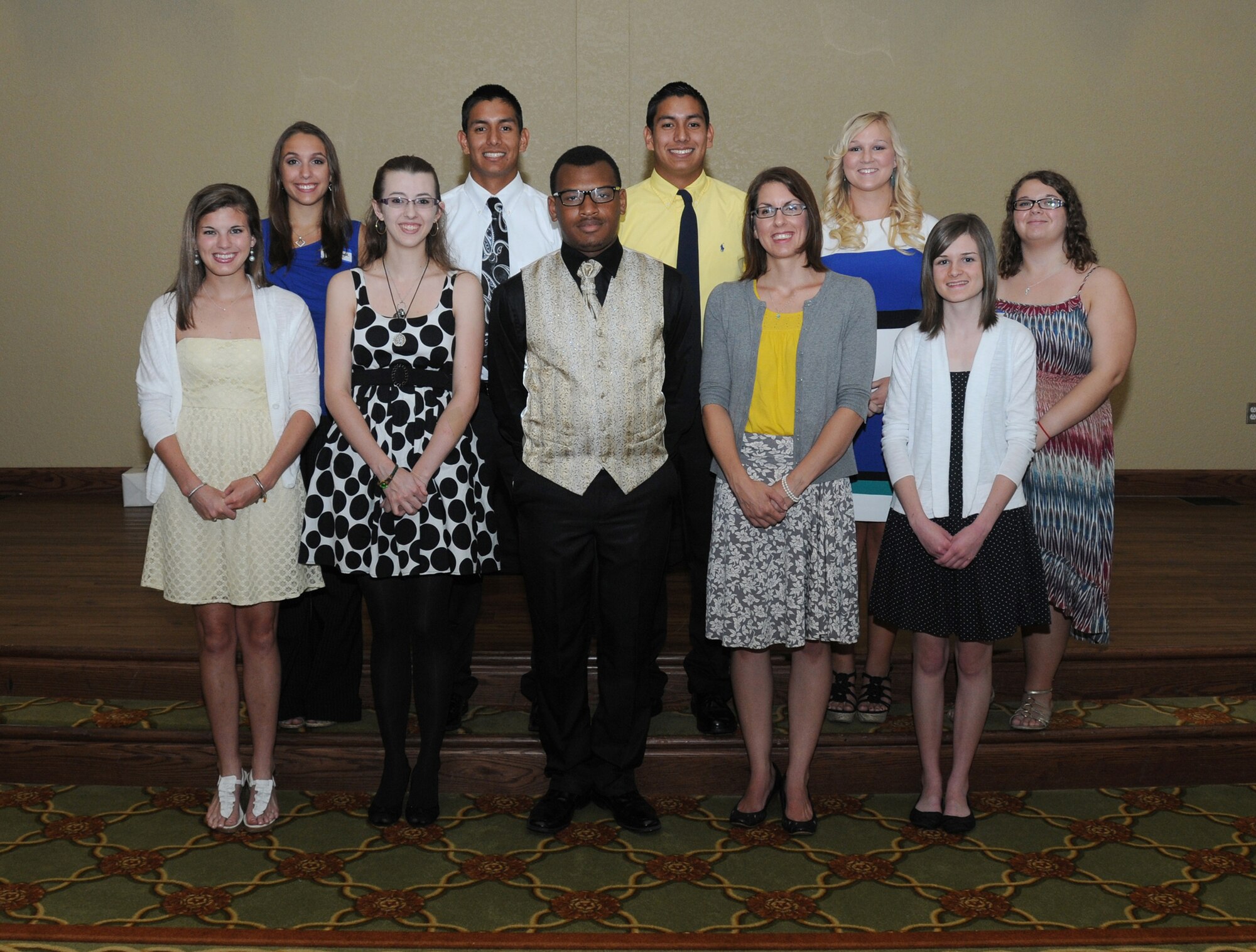 Back row from left to right are Sarah Pace, Benjamin Hurtado, Isaiah Hurtado, Angela Klipp and Elia Busey; and front row from left to right are Paige Lyons, Rebecca Croker, Kiante Evers, Rebecca Berry and Elizabeth McNeer, are winners of the 2012 Keesler Spouses’ Club Scholarships, which were presented at a ceremony May 8, 2012, at the Bay Breeze Event Center, Keesler Air Force Base, Miss.  (U.S. Air Force photo by Kemberly Groue)