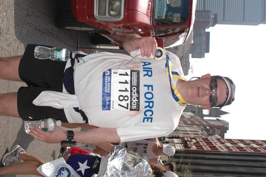 Chief Master Sgt. John D. Van Duser, aircraft maintenance unit superintendent for the 69th Bomb Squadron, ran the 116th Boston Marathon on April 16. Held every year on Patriots' Day - commemorating the anniversary of the famous, first battles of the American Revolution - the Boston Marathon has become one of the world's most acclaimed running events. (Courtesy photo)