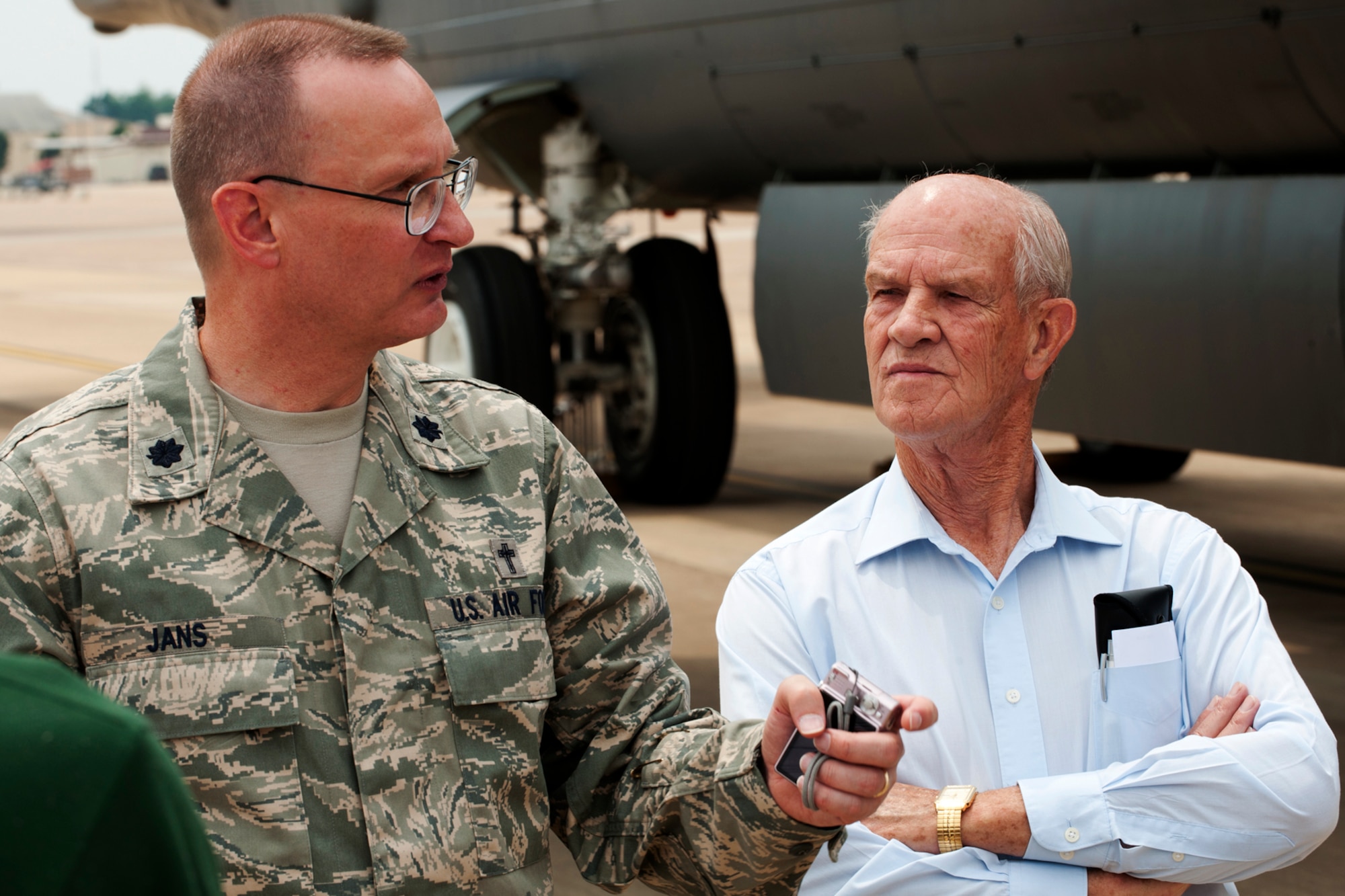 U.S. Air Force Lt. Col. Gregory Jans, Air Force Global Strike Command chaplain, talks to fellow clergy about the mission of the B-52H Stratorfortress at Barksdale Air Force Base, La., May 15, 2012. Clergy from across the nation were in the Shreveport/Bossier City area attending a Lutheran Conference and were given a tour of the base and an up-close look at a B-52. (U.S. Air Force photo by MSgt. Greg Steele/Released)