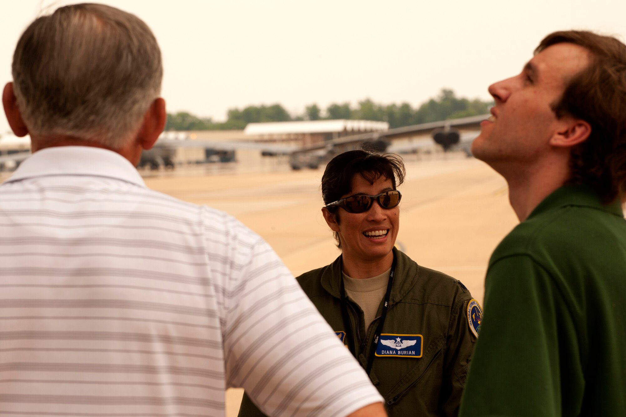 U.S. Air Force Lt. Col. Diana Burian, B-52 electronic warfare officer, talks to a group of clergy during a tour of a B-52H Stratofortress on Barksdale Air Force Base, La., May 15, 2012. The group were in the area attending a Lutheran Conference and were invited by Air Force Global Strike Command to tour the base and get an up-close look at a 93rd Bomb Squadron B-52H Stratofortress. (U.S. Air Force photo by Master Sgt. Greg Steele/Released)
