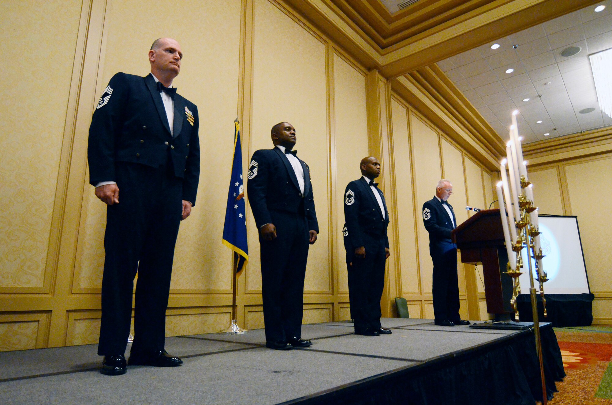 Chief Master Sgt. Wendell L. Peacock, 94th Airlift Wing command chief reads the Chiefs Creed during the Chiefs Recognition Ceremony Renaissance Waverly Hotel, Marietta, Ga., May 5. (U.S. Air Force photo/Don Peek)