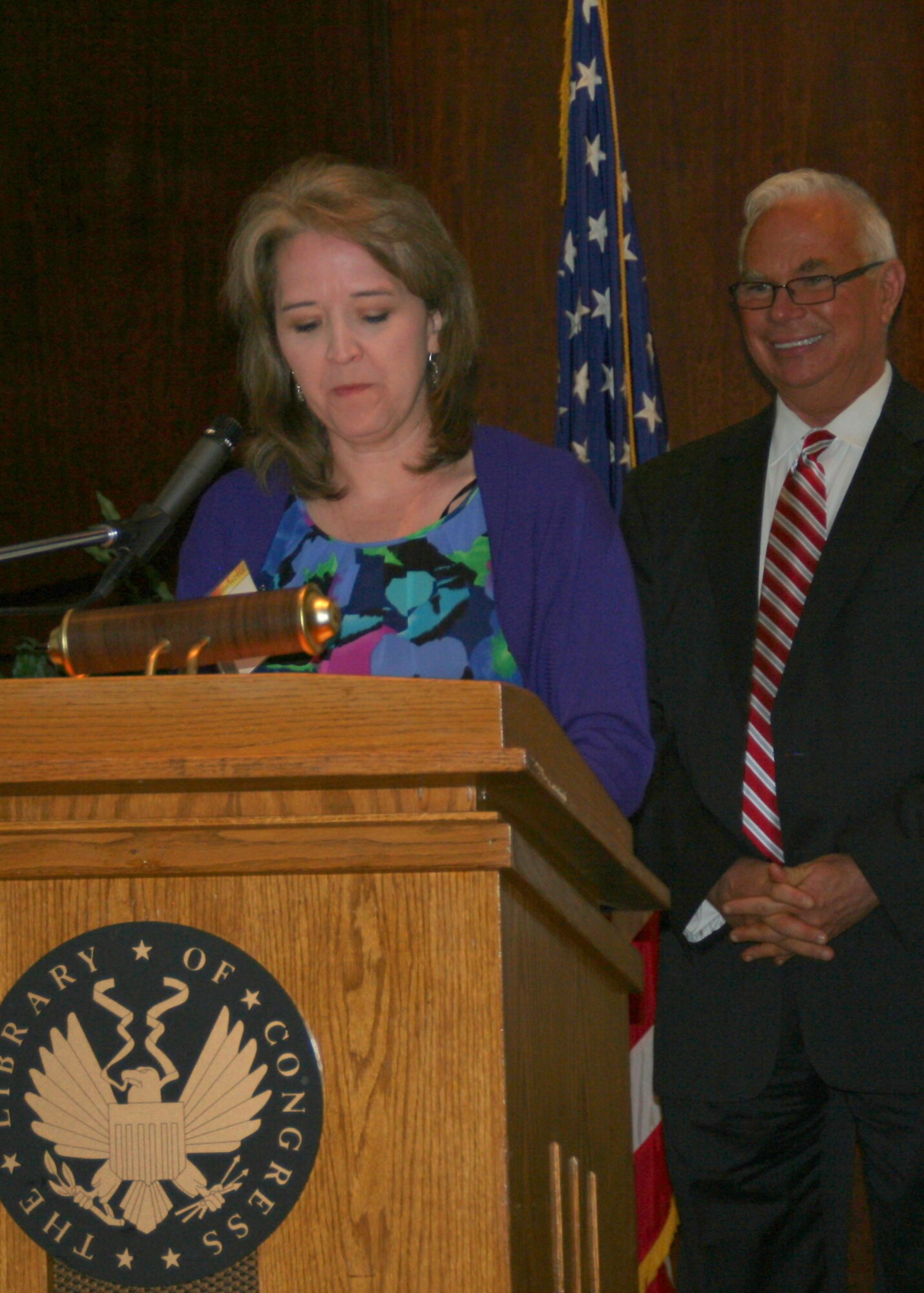 Marcia Treuter, Eglin's library director, gives her acceptance speech for the small federal library or information center for 2011 award at the Library of Congress.  (Courtesy photo/Dorothee Bennett)