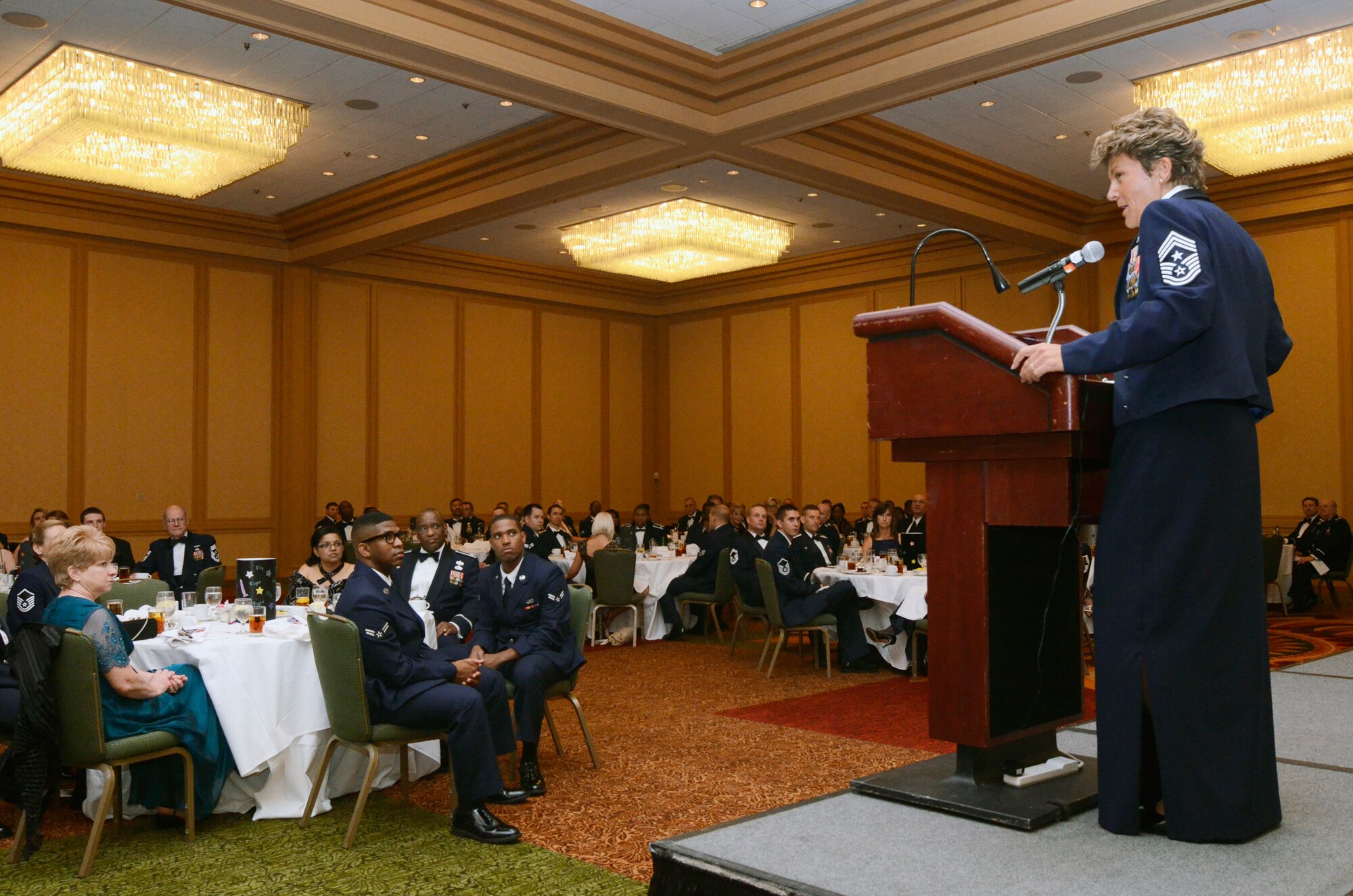 Guest speaker Chief Master Sgt. Kathleen R. Buckner, Air Force Reserve Command, command chief, inspire attendees of the Chiefs Recognition Ceremony held at the Renaissance Waverly Hotel, Marietta, Ga., May 5. (U.S. Air Force photo/Don Peek)