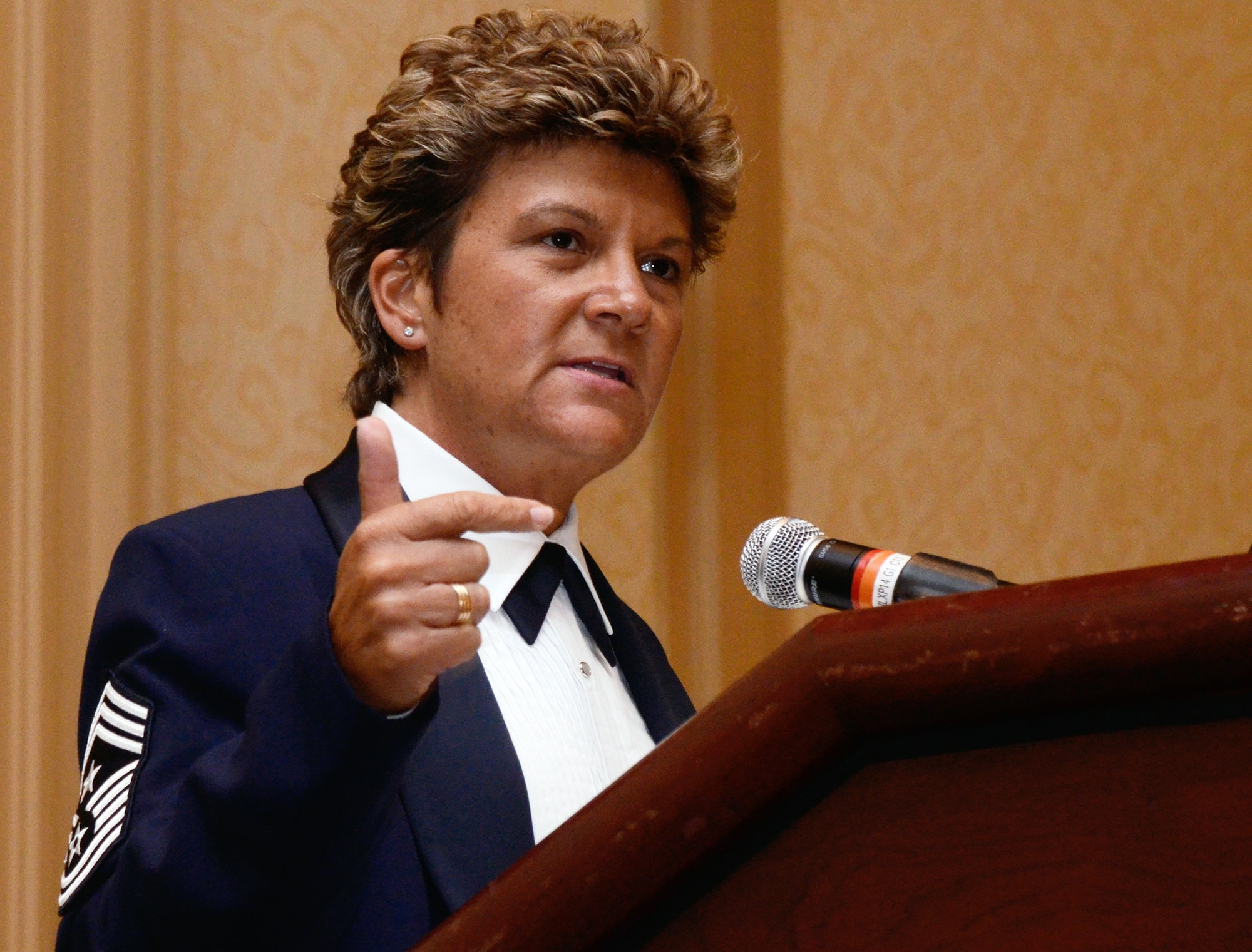 Guest speaker Chief Master Sgt. Kathleen R. Buckner, Air Force Reserve Command, command chief, inspire attendees of the Chiefs Recognition Ceremony held at the Renaissance Waverly Hotel, Marietta, Ga., May 5. (U.S. Air Force photo/Don Peek)