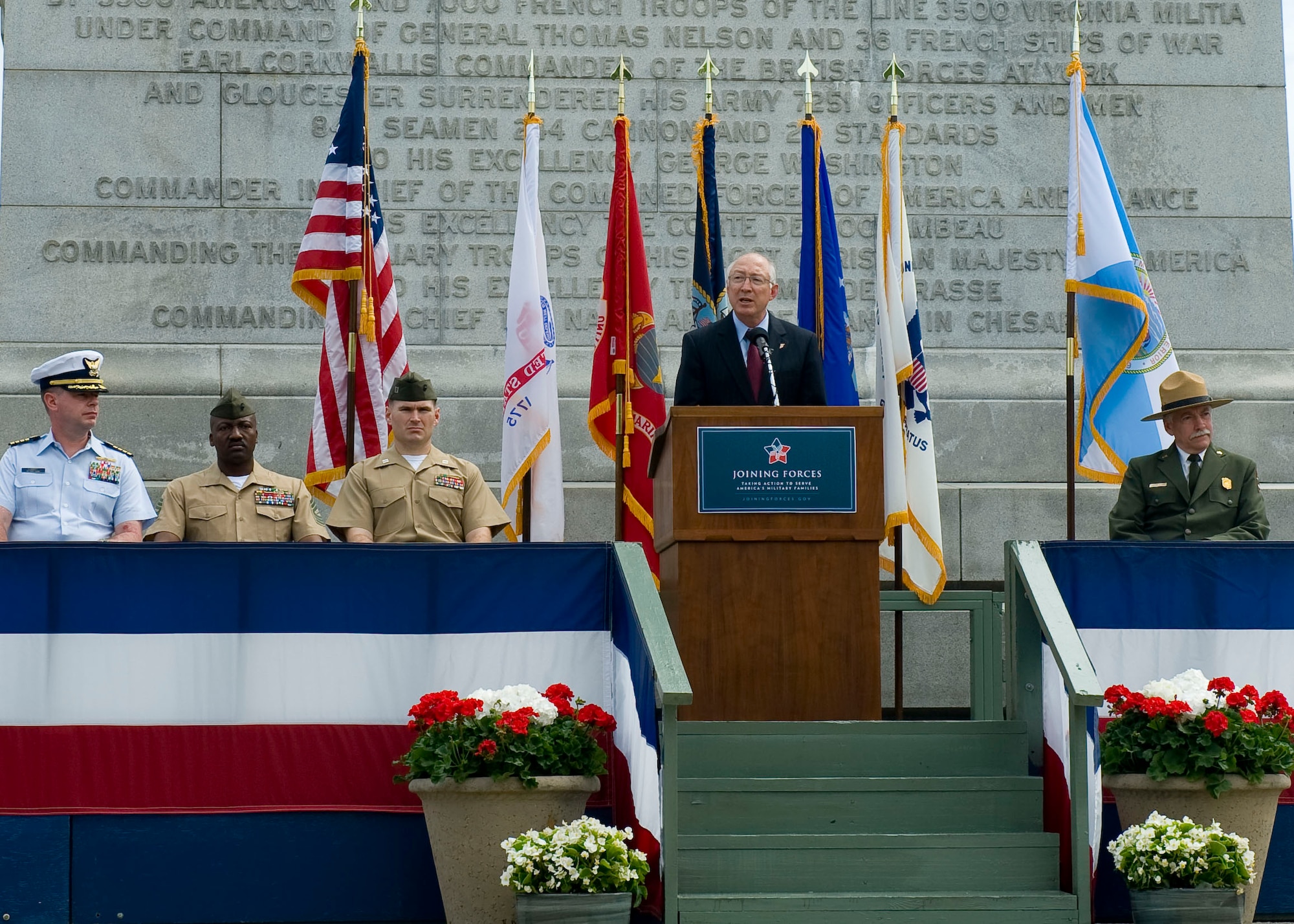 Ken Salazar, the U.S. Secretary of Interior, addresses the crowd at the Joining Forces’ Honoring Members and Families event at the Colonial National Historical Park in Yorktown, Va., May 15, 2012. Salazar’s announced that annual passes will be available free of charge to active-duty service members and their dependents, granting access to more than 2,000 national parks, wildlife refuges, national forests, and other public lands around the nation in the coming years. (U.S. Air Force photo by Senior Airman John D. Strong II/Released)