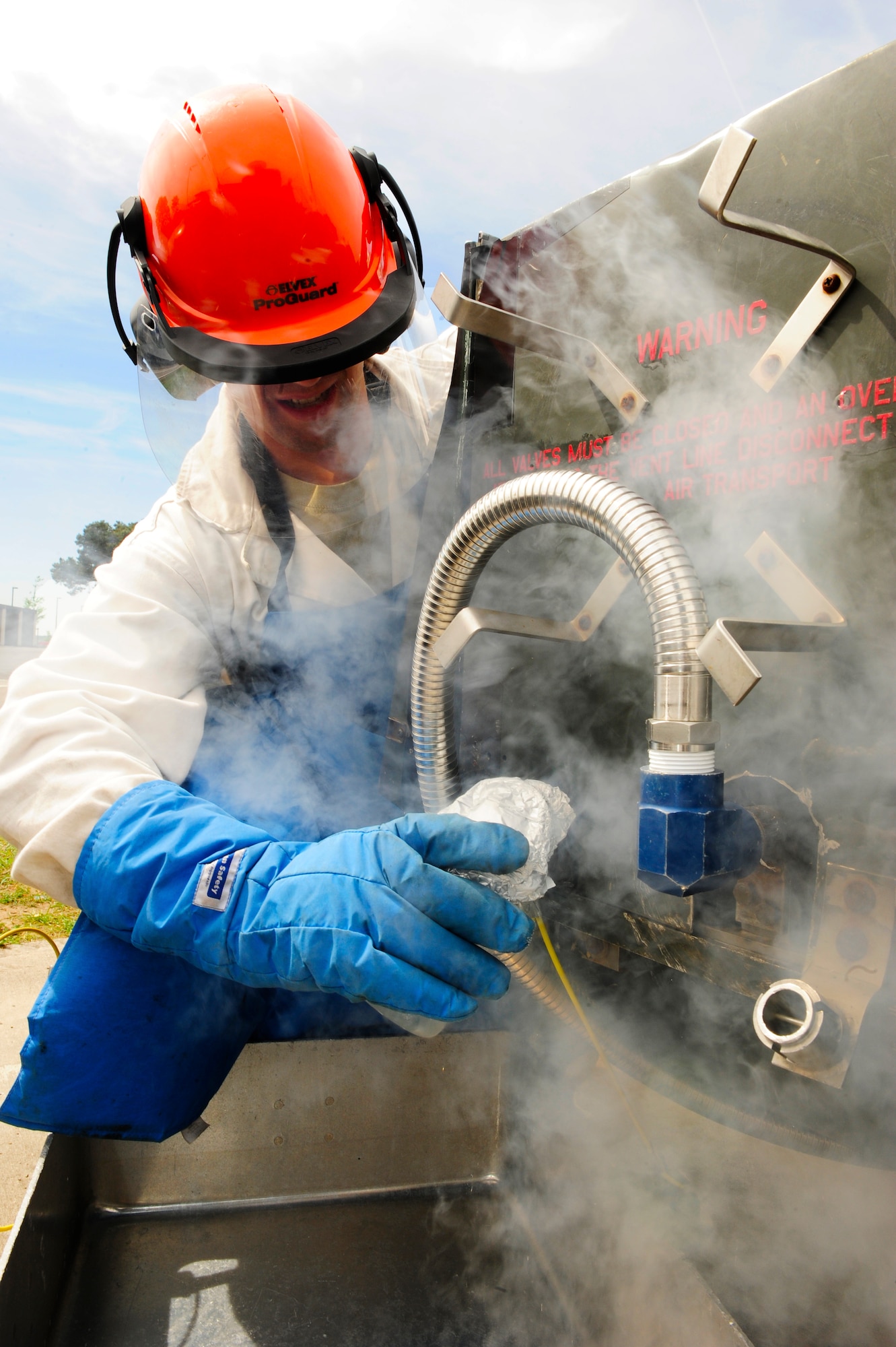 Airman 1st Class Tyler Diethtrich, 86th Logistics Readiness Squadron hydrogen operator, conducts a liquid oxygen test on the Ramstein Air Base flightline, May 15, 2012. The Fuels Management Flight recently won its first American Petroleum Institute trophy for having the best fuels management operations in the Air Force. The 86th LRS supports every in-transit aircraft, from multiple commands, wings and agencies that need fuel to complete its mission. (U.S. Air Force photo/Senior Airman Aaron-Forrest Wainwright) 