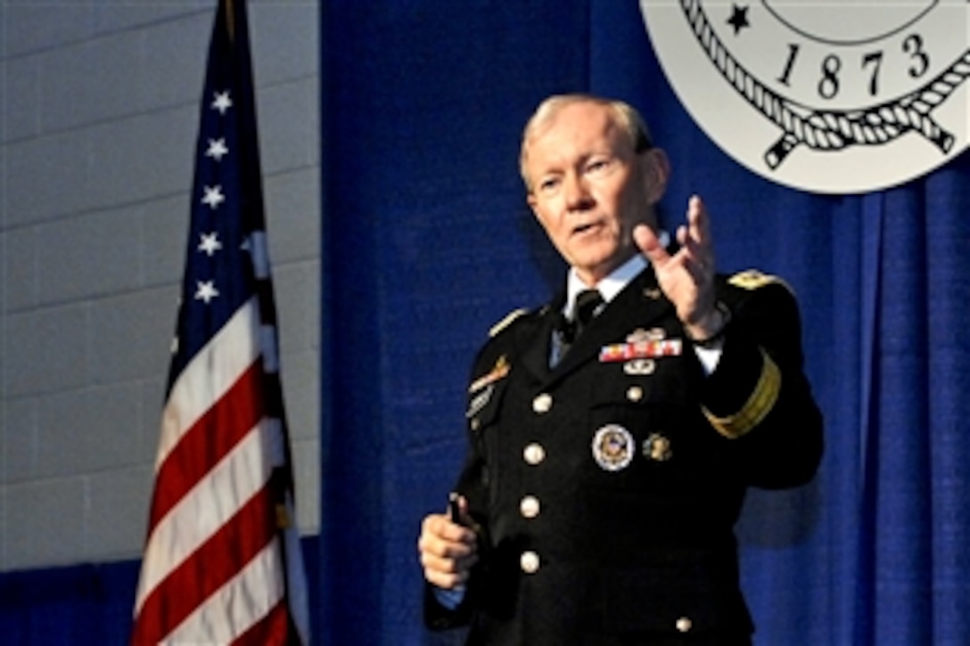 Army Gen. Martin E. Dempsey, chairman of the Joint Chiefs of Staff, speaks about the shaping of Joint Force 2020 during the 2012 Joint Warfighting Conference in Virginia Beach, Va., May 16, 2012. Dempsey said the future calls for a military capable of deterring, denying and defeating threats across the entire spectrum of conflict.

