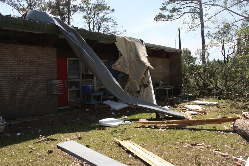 Day after tornado destruction.  Damage assessment of Tarawa Terrance housing area aboard Marine Corps Base Camp Lejuene,  N.C., Apr. 18, 2011.