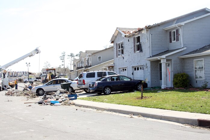 Day after tornado destruction.  Damage assessment of Tarawa Terrance housing area aboard Marine Corps Base Camp Lejuene,  N.C., Apr. 18, 2011.