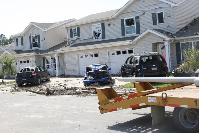 Day after tornado destruction.  Damage assessment of Tarawa Terrance housing area aboard Marine Corps Base Camp Lejuene,  N.C., Apr. 18, 2011.