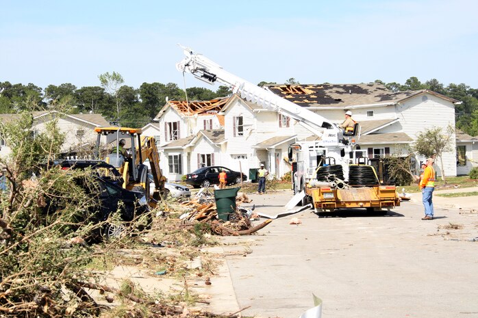 Day after tornado destruction.  Damage assessment of Tarawa Terrance housing area aboard Marine Corps Base Camp Lejuene,  N.C., Apr. 18, 2011.