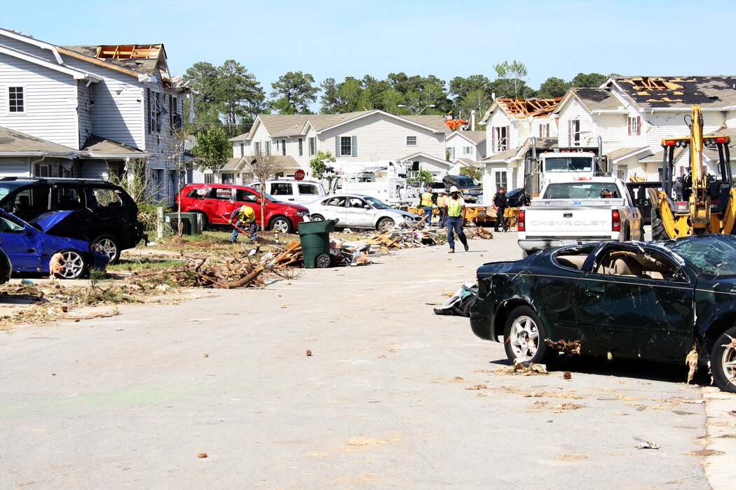 Day after tornado destruction.  Damage assessment of Tarawa Terrance housing area aboard Marine Corps Base Camp Lejuene,  N.C., Apr. 18, 2011.