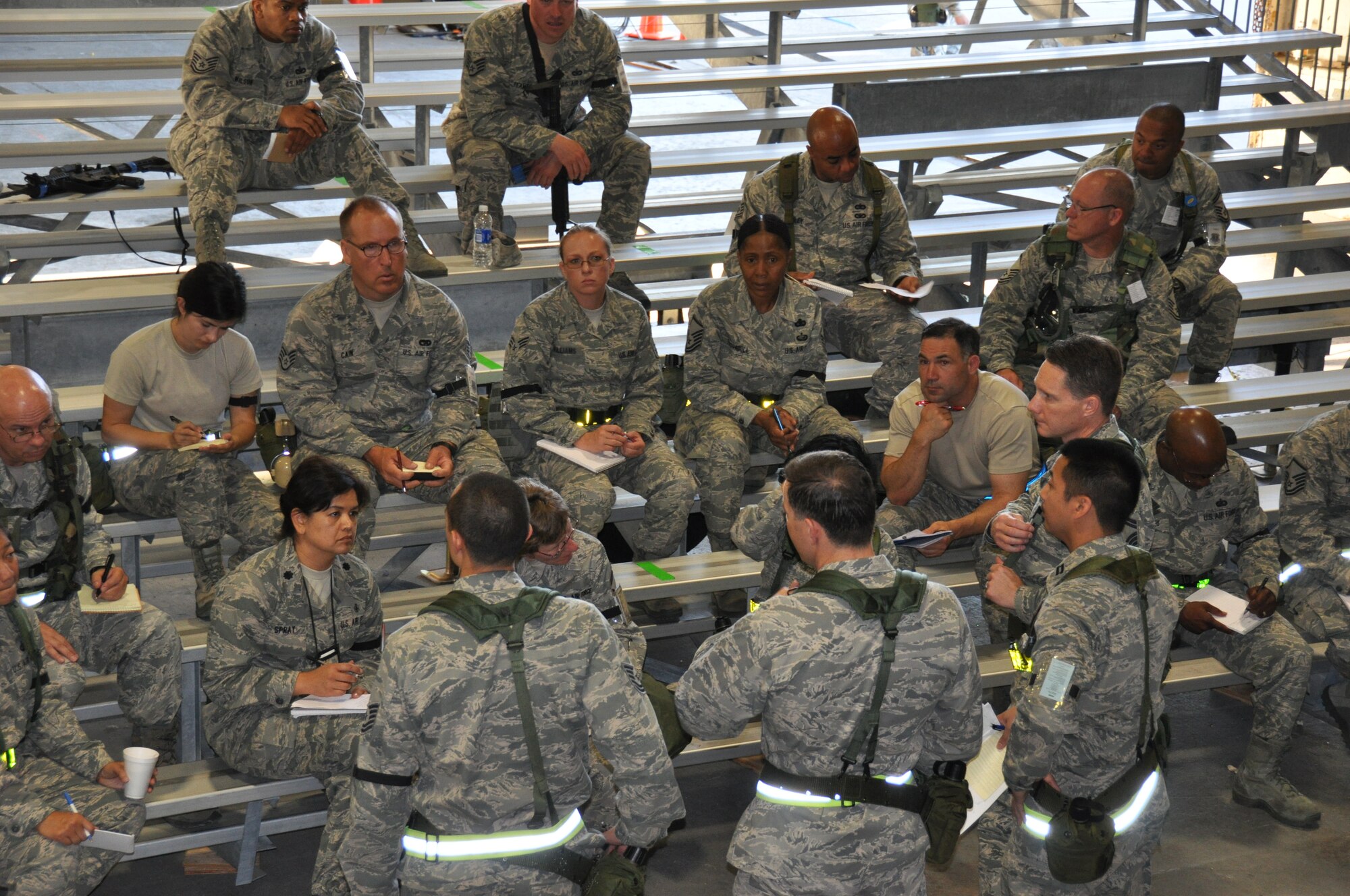 TRAVIS AIR FORCE BASE, Calif. -- Members of the 349th Air Mobility Wing and 60th AMW teamed up in an Operational Readiness Exercise here during the week of May 7, 2012. During the six-day –long mock deployment, Airmen utilized their extensive training in post-attack reconnaissance, self-aid buddy care, defensive tactical warfare, and chemical warfare mission oriented protective posture, (MOPP,) while maintaining their ability to work in their respective career fields. (U.S. Air Force photo / Senior Airman Amelia Leonard)