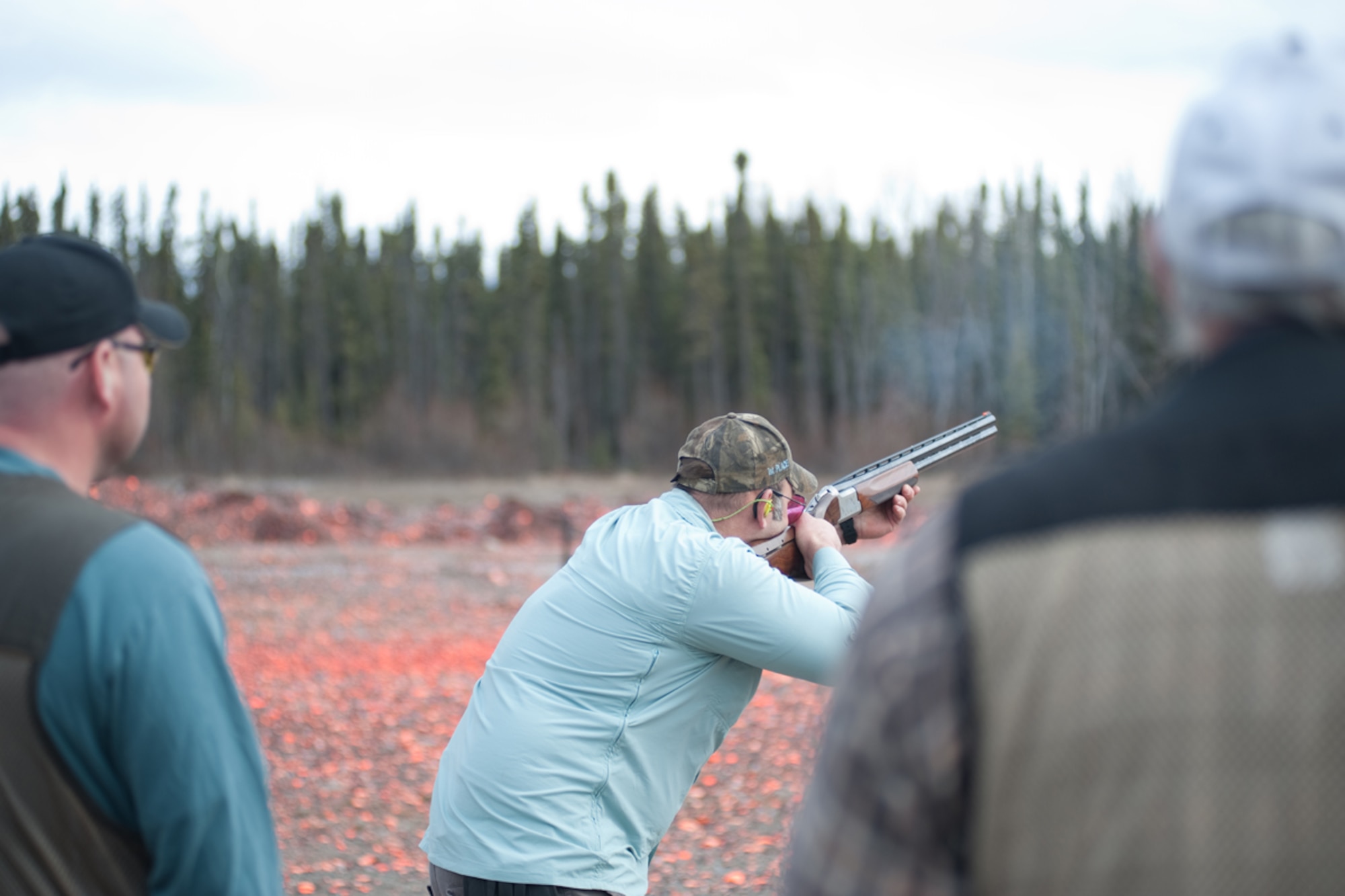 Matt Palmer fires at a skeet during the annual Alaska Armed Forces Skeet Championships held at the Joint Base Elmendorf-Richardson Skeet and Trap Range May 5. The championship was held from 4-6 May and was open to military members, retired military and civilians. Palmer is retired Army and a native of Wasila, Alaska. (U.S. Air Force photo/Staff Sgt. Robert Barnett)